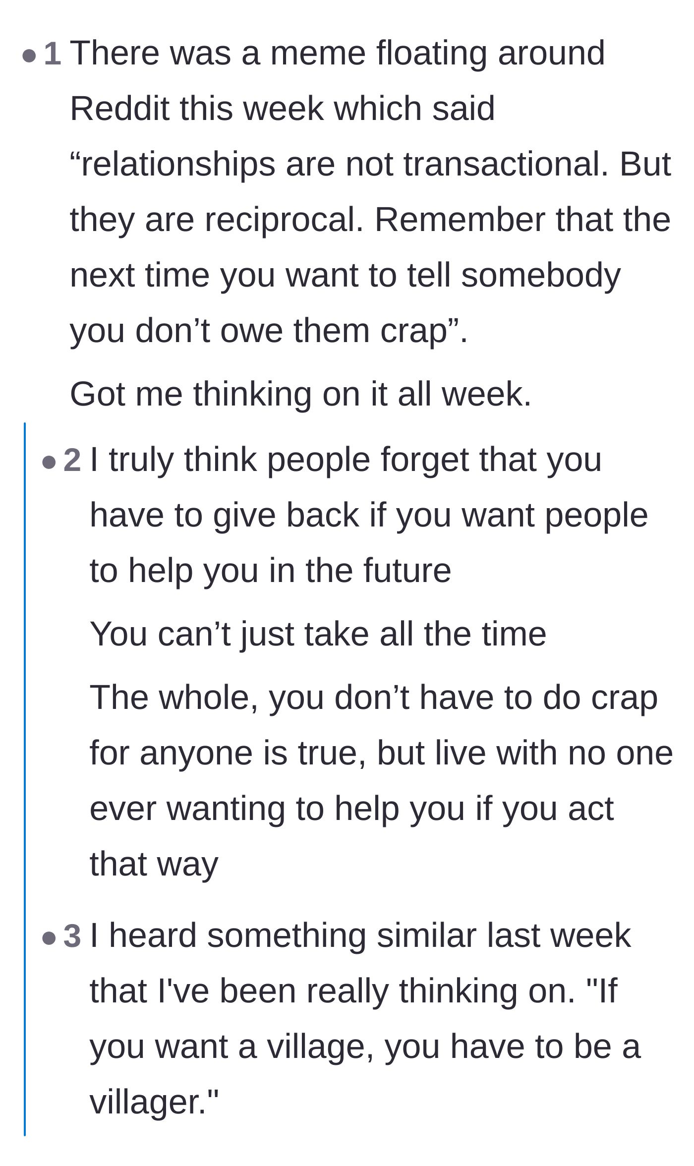 Comment thread 1 - Readers discuss the difference between transactional relationships and necessary reciprocity, sharing stories of relatives who happily pay for meals.