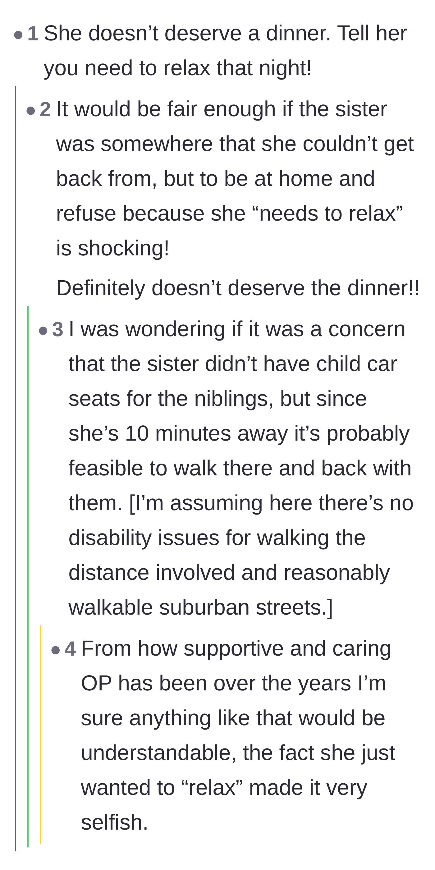 Comment thread 2 - A commenter suggests the older sister should cancel the engagement dinner by telling her younger sibling she simply needs to relax.
