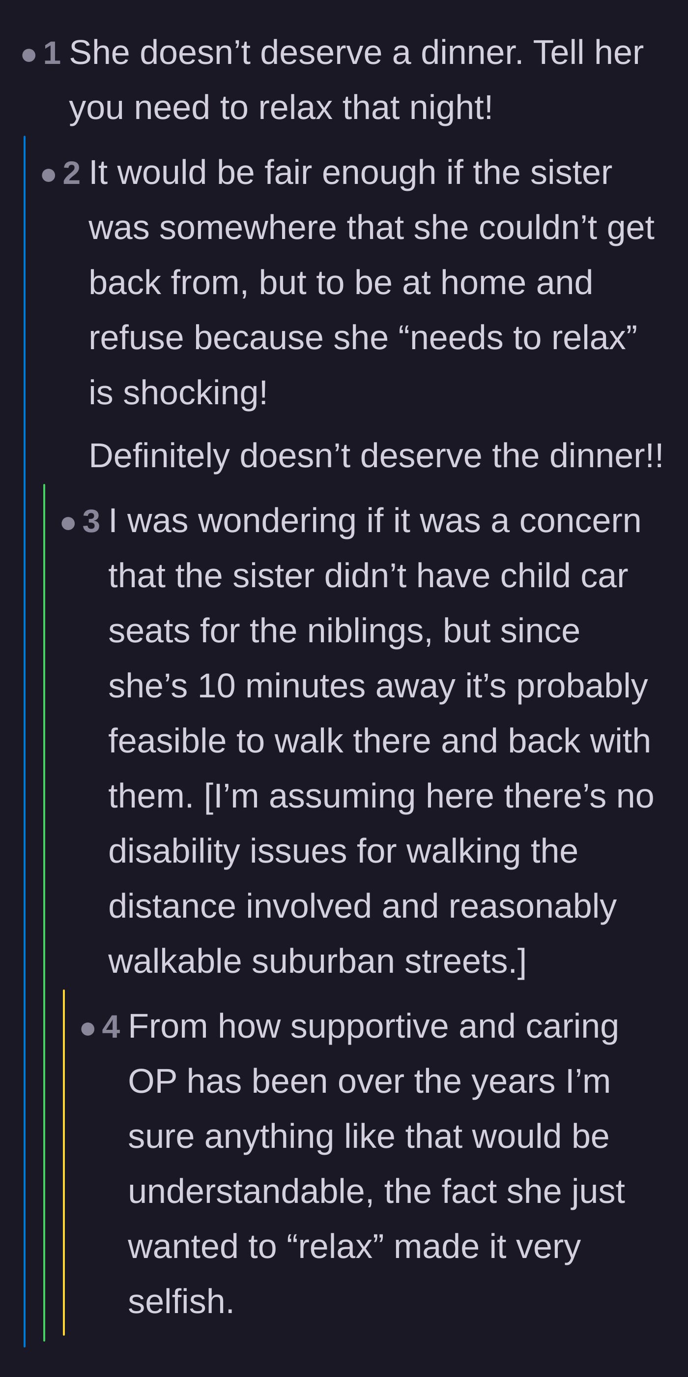 Comment thread 2 - A commenter suggests the older sister should cancel the engagement dinner by telling her younger sibling she simply needs to relax.