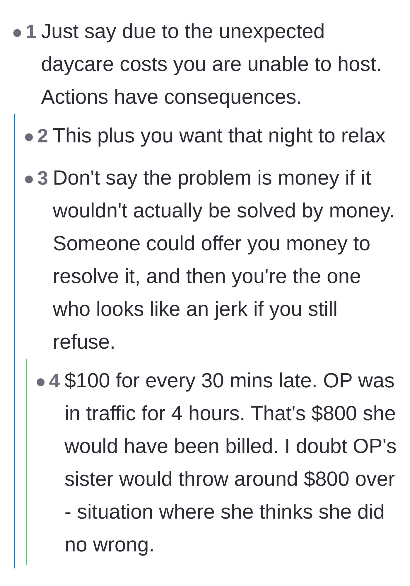 Comment thread 3 - A debate on whether the older sister should cite the severe daycare late fees as the official logistical reason for canceling the party.