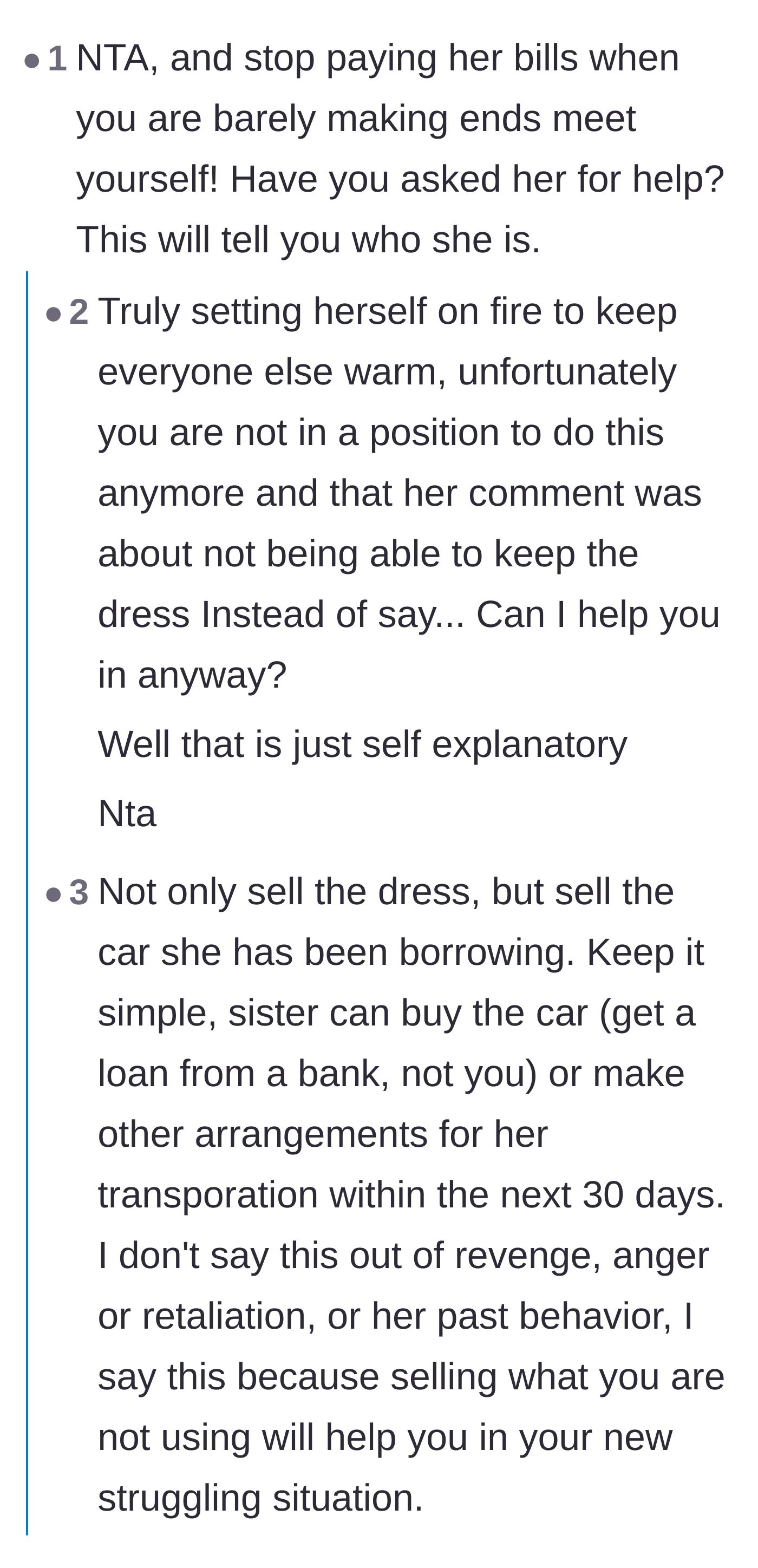 Comment thread 1 - Advice urging the author to stop paying for her sister's car and insurance while struggling to survive.