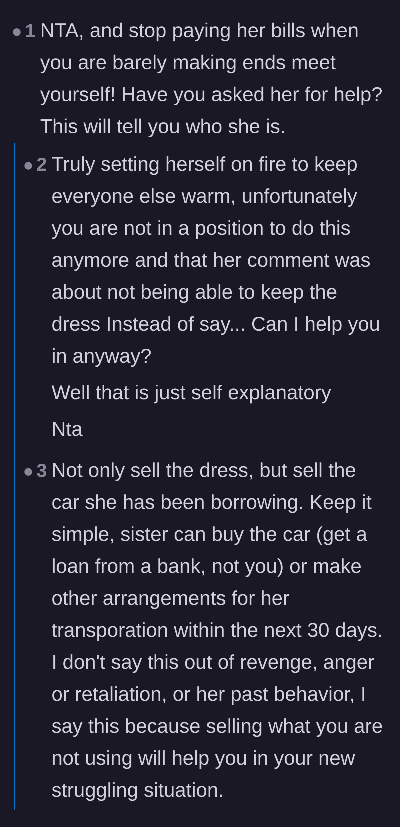 Comment thread 1 - Advice urging the author to stop paying for her sister's car and insurance while struggling to survive.