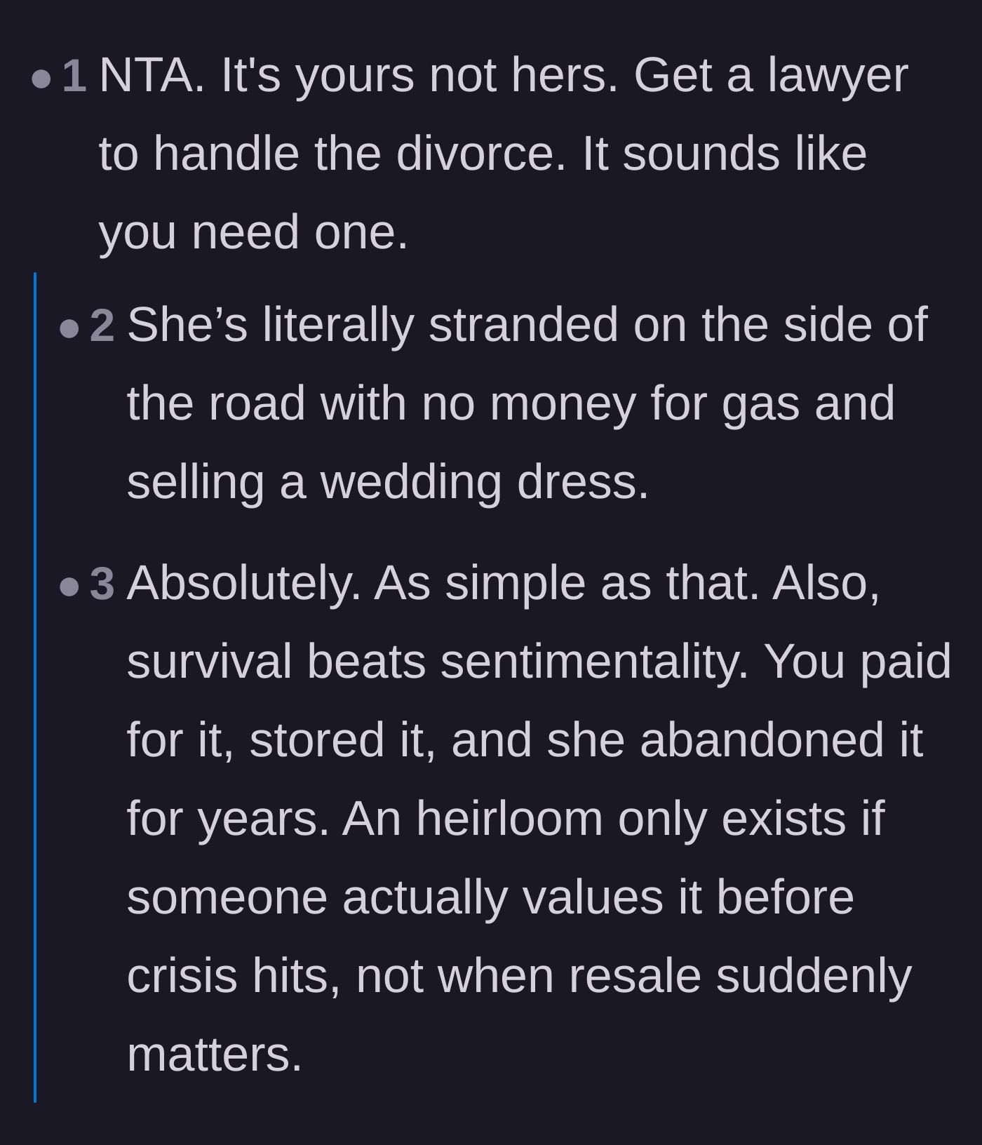 Comment thread 2 - Practical advice on navigating divorce after domestic violence and finding immediate emergency employment.