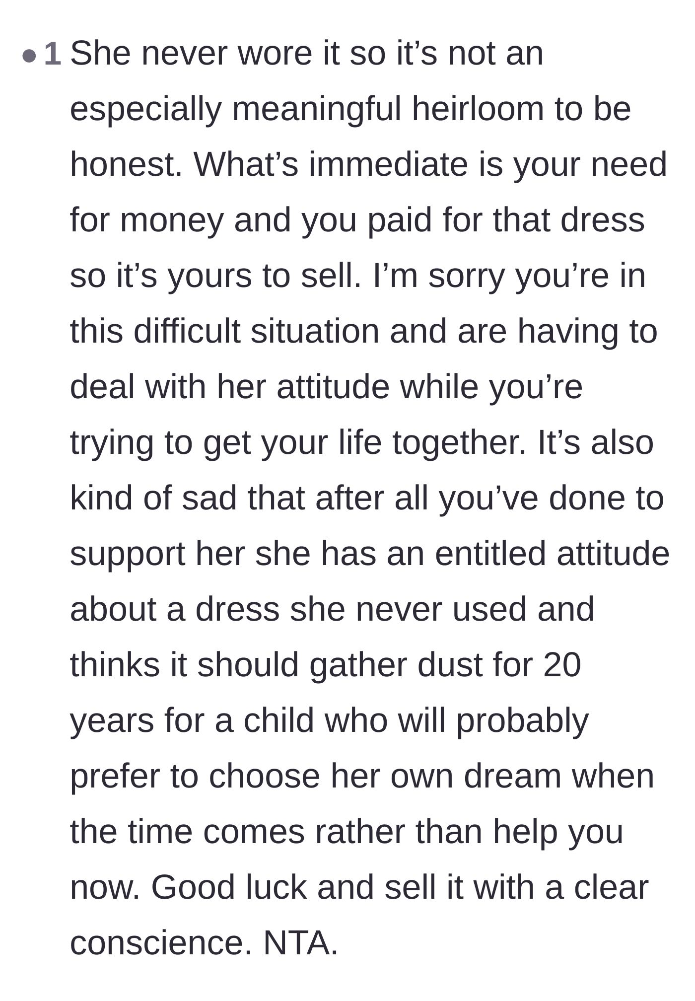 Comment thread 5 - A breakdown of why a never-worn dress isn't a true heirloom and doesn't outweigh immediate starvation.