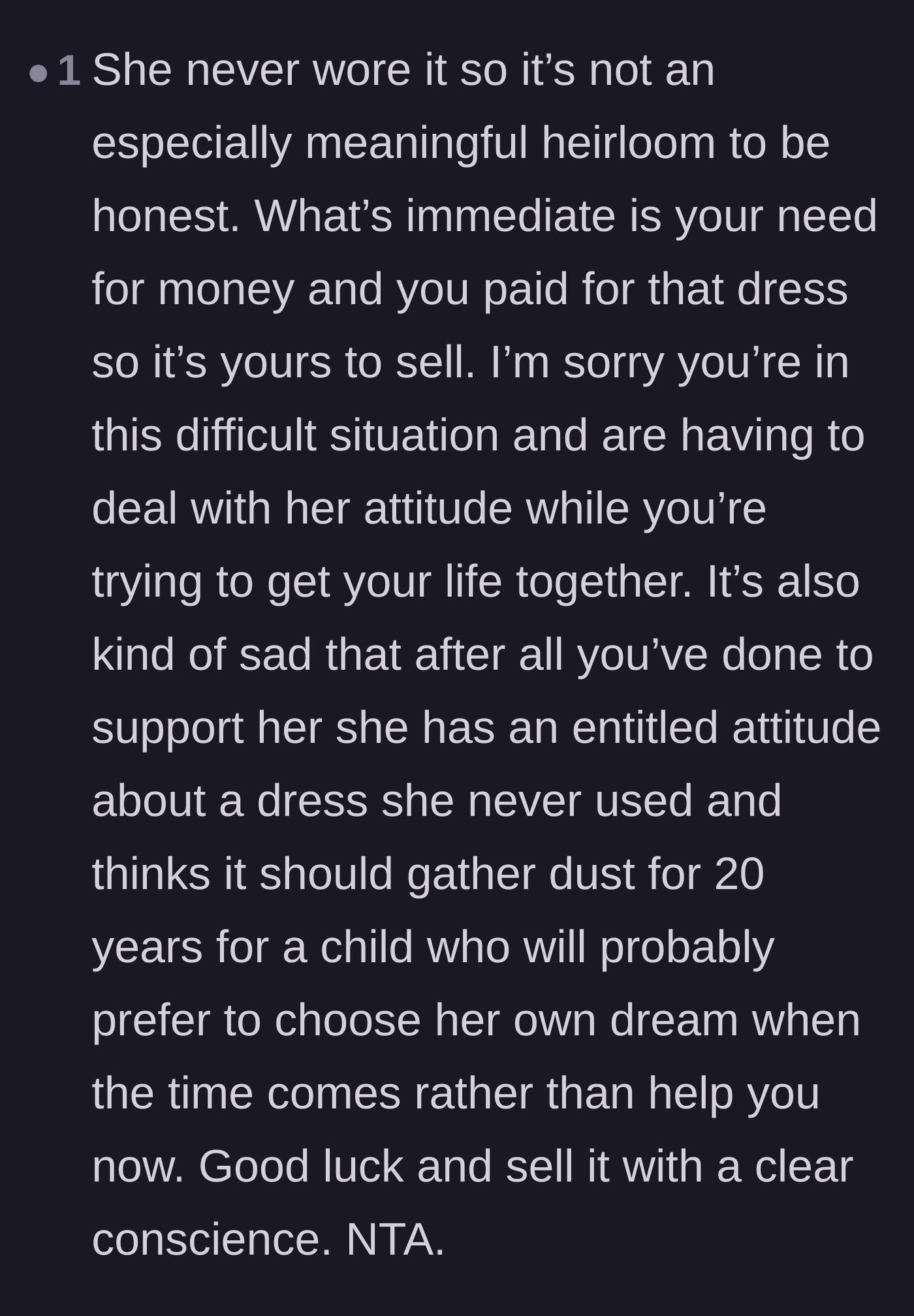 Comment thread 5 - A breakdown of why a never-worn dress isn't a true heirloom and doesn't outweigh immediate starvation.