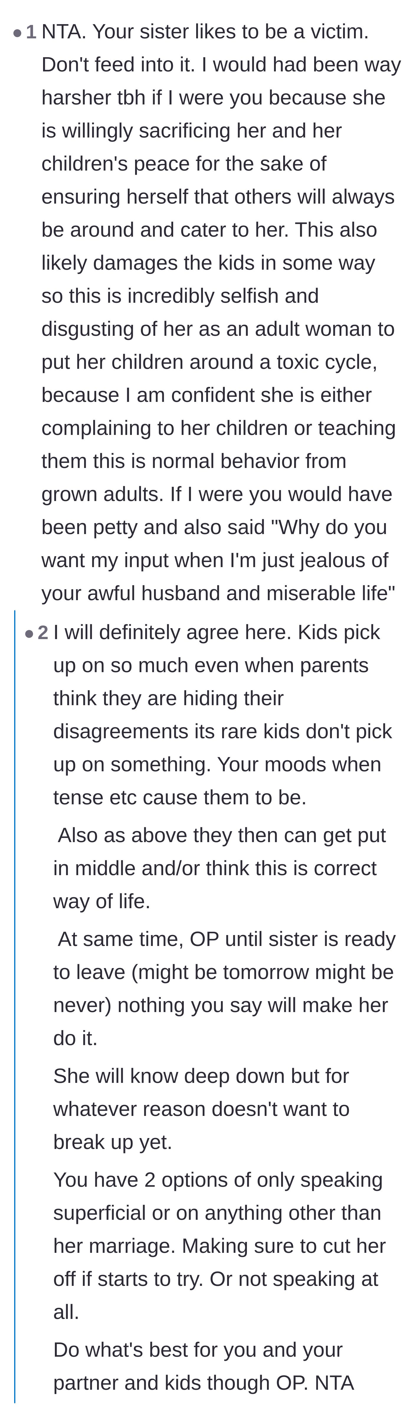 Comment thread 4 - Calling out the sister for playing the victim and exposing her children to a toxic cycle