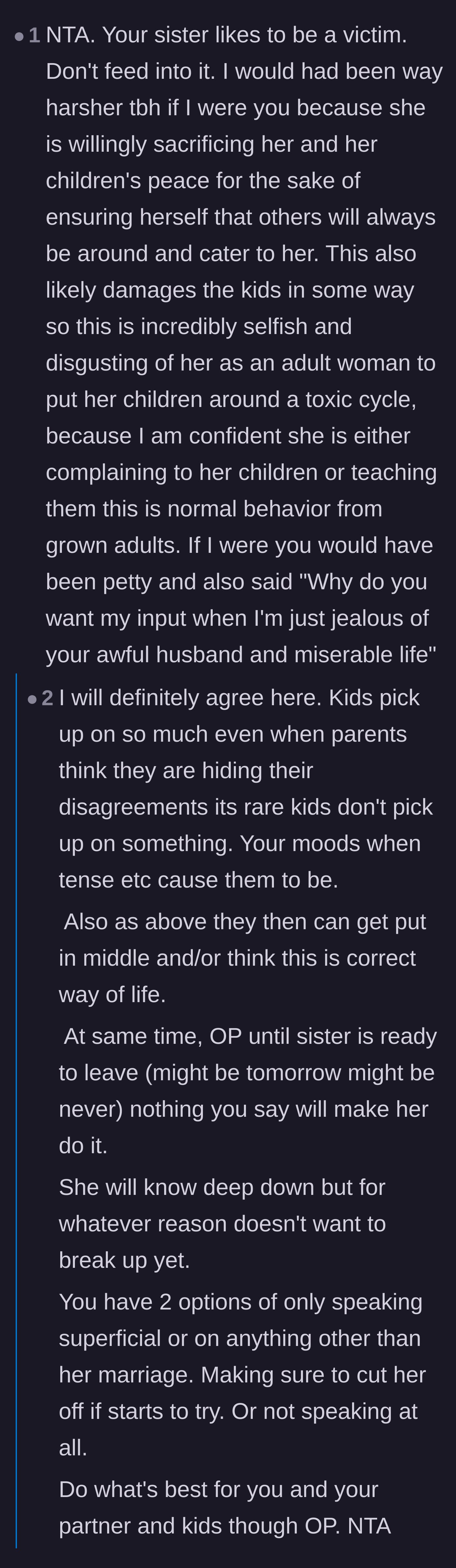 Comment thread 4 - Calling out the sister for playing the victim and exposing her children to a toxic cycle