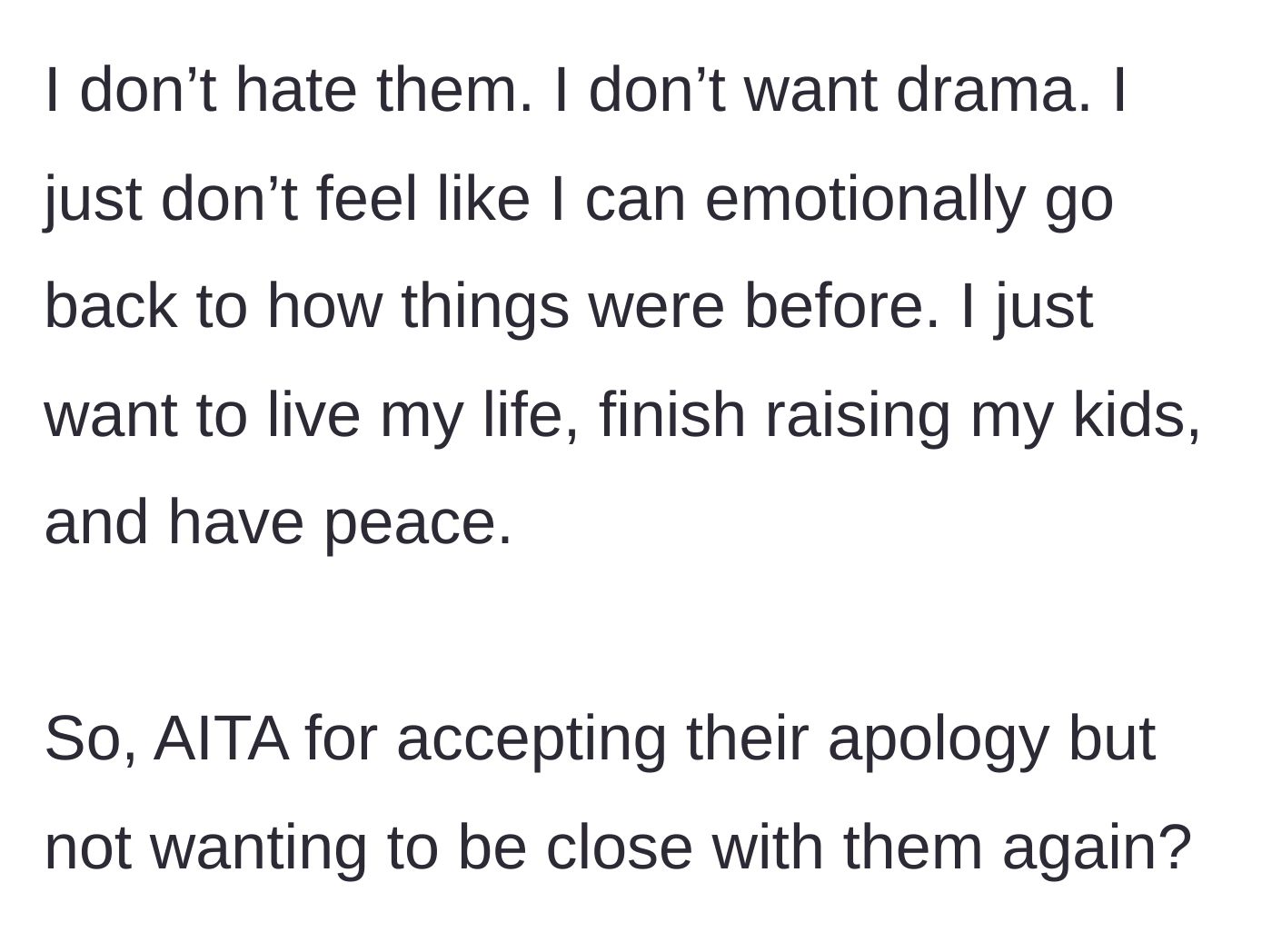 Story part 10 - A final reflection where the stepmother states she doesn't hate them but just wants peace to finish raising her own kids.