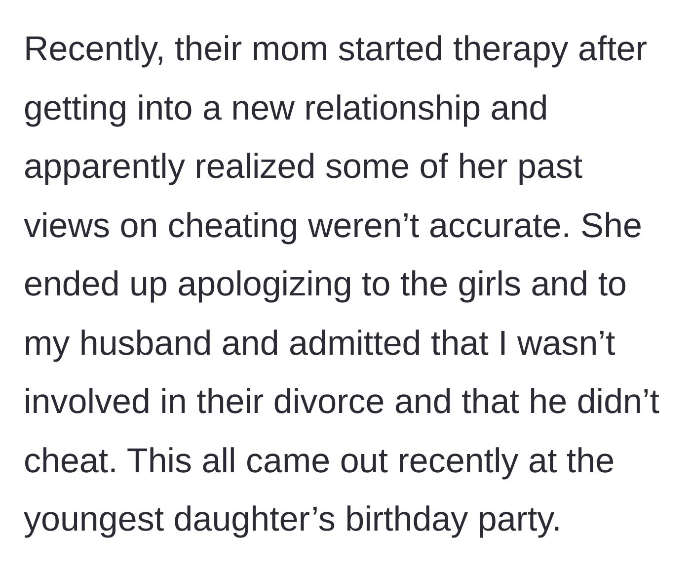 Story part 7 - The biological mother goes to therapy, realizes her mistakes, and finally admits the truth at a family birthday party.