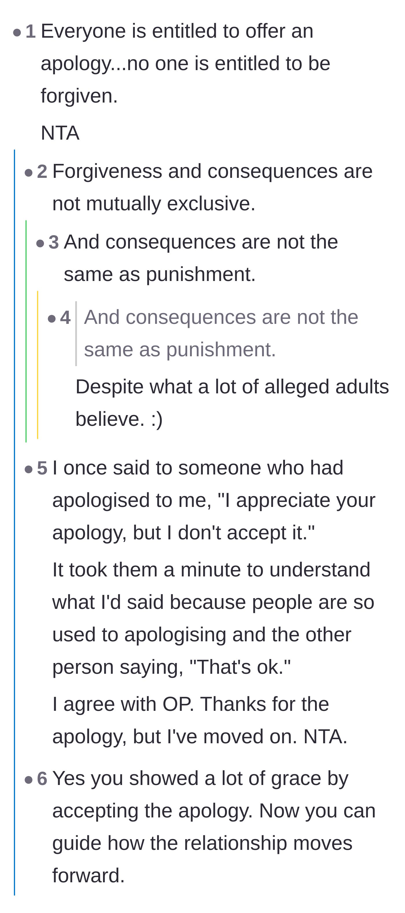 Comment thread 3 - A debate distinguishing between accepting an apology, granting forgiveness, and facing the natural consequences of one's actions.
