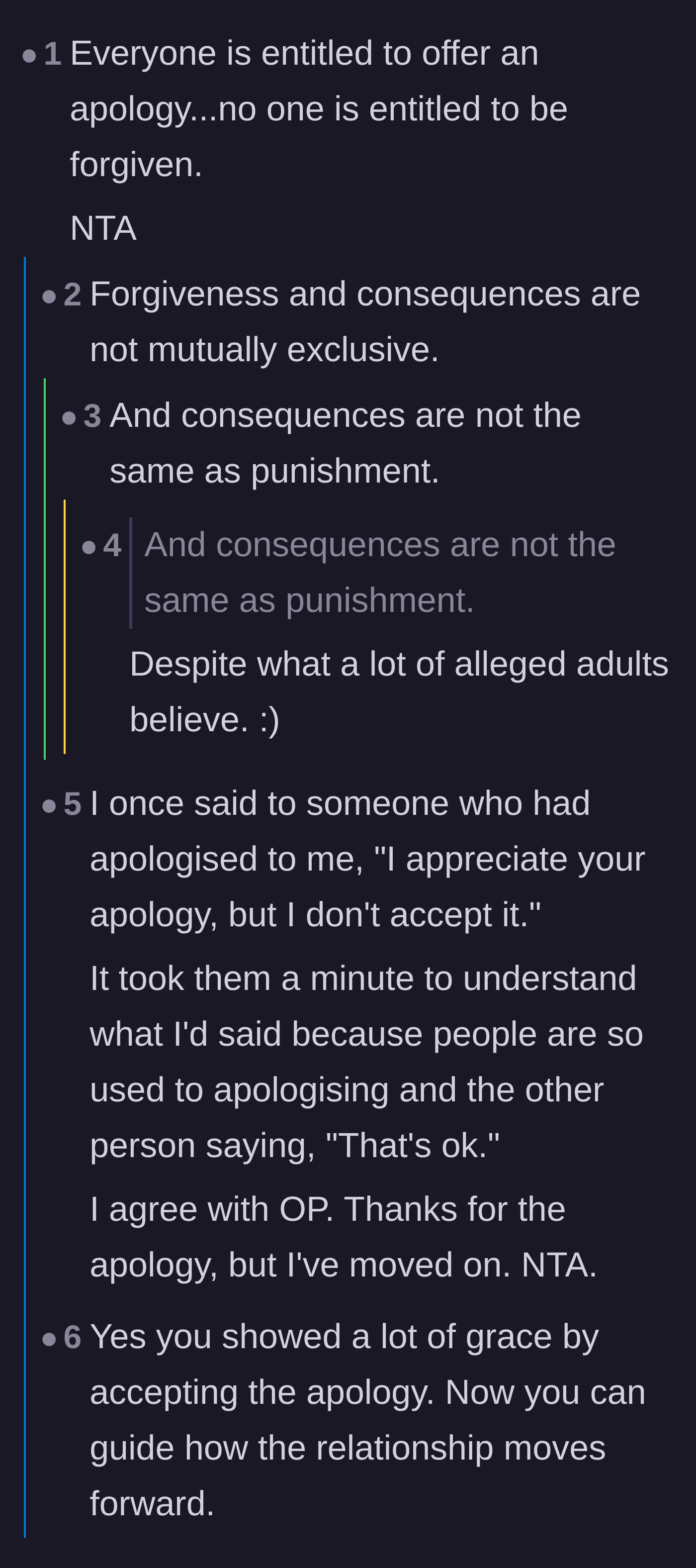 Comment thread 3 - A debate distinguishing between accepting an apology, granting forgiveness, and facing the natural consequences of one's actions.