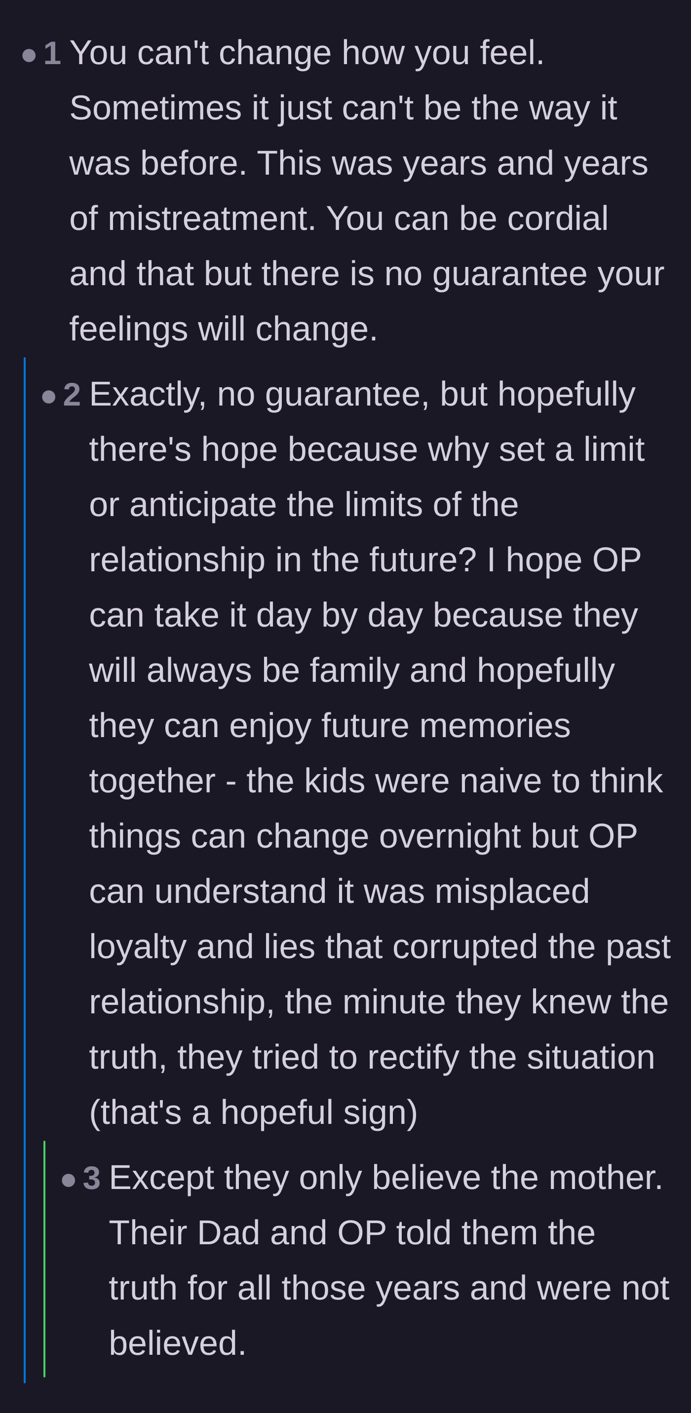 Comment thread 5 - A conversation about the tragedy of the daughters exclusively believing their mother while dismissing their father and stepmother's truths for years.