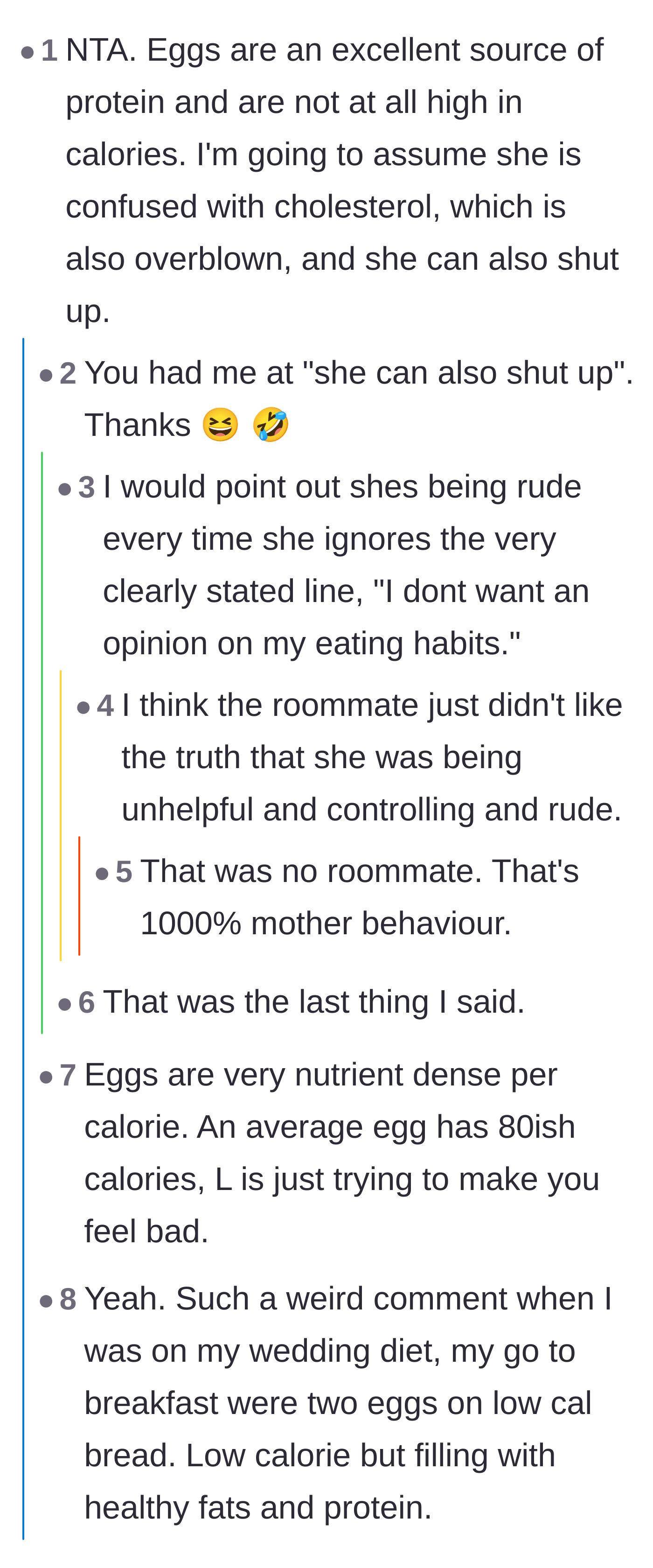 Comment thread 1 - Readers discussing the nutritional value of eggs and cheering on the teen for telling her relative to back off