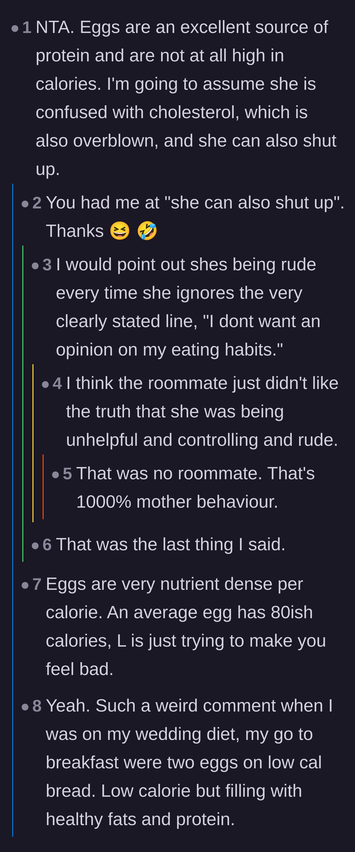 Comment thread 1 - Readers discussing the nutritional value of eggs and cheering on the teen for telling her relative to back off