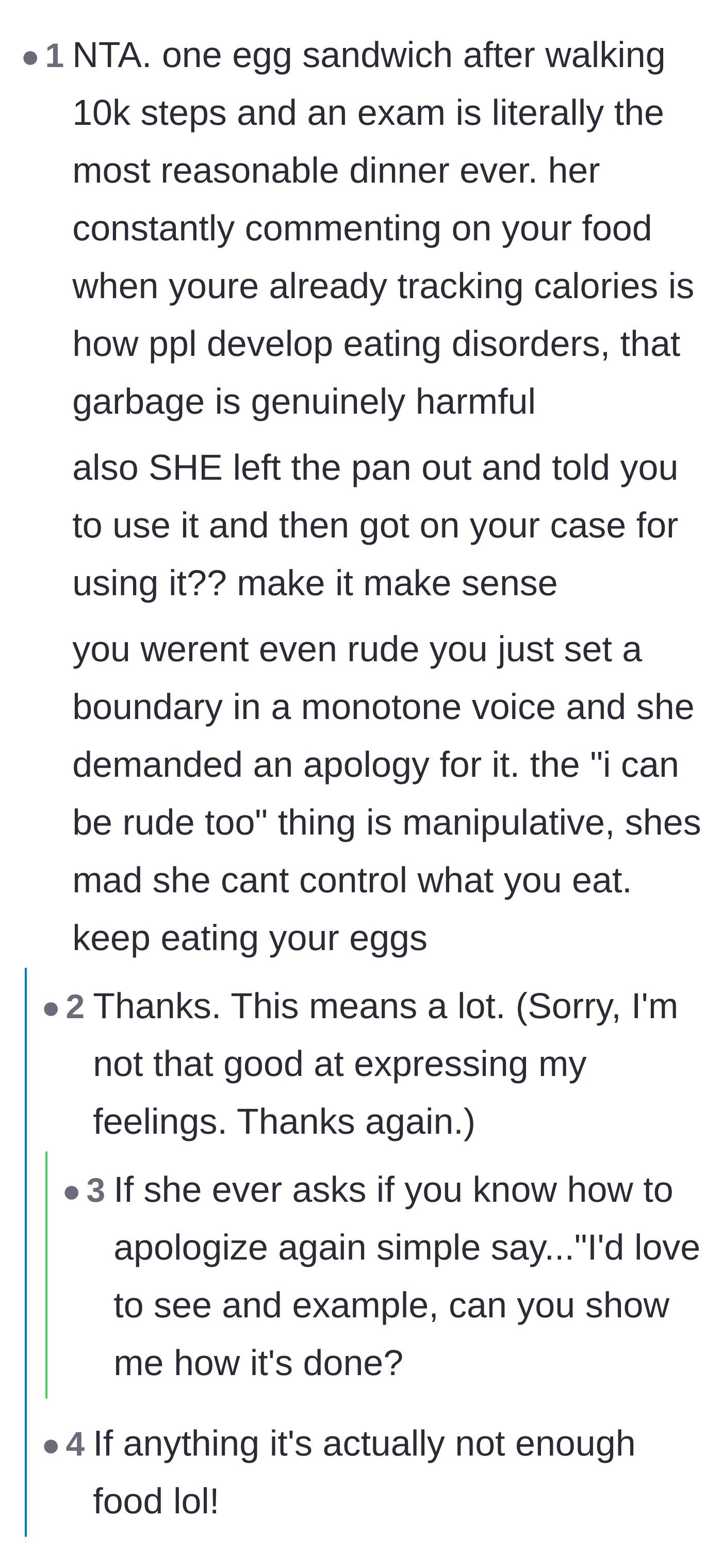 Comment thread 3 - Support for the teen's healthy habits and calling out the older relative's manipulative behavior and hypocrisy