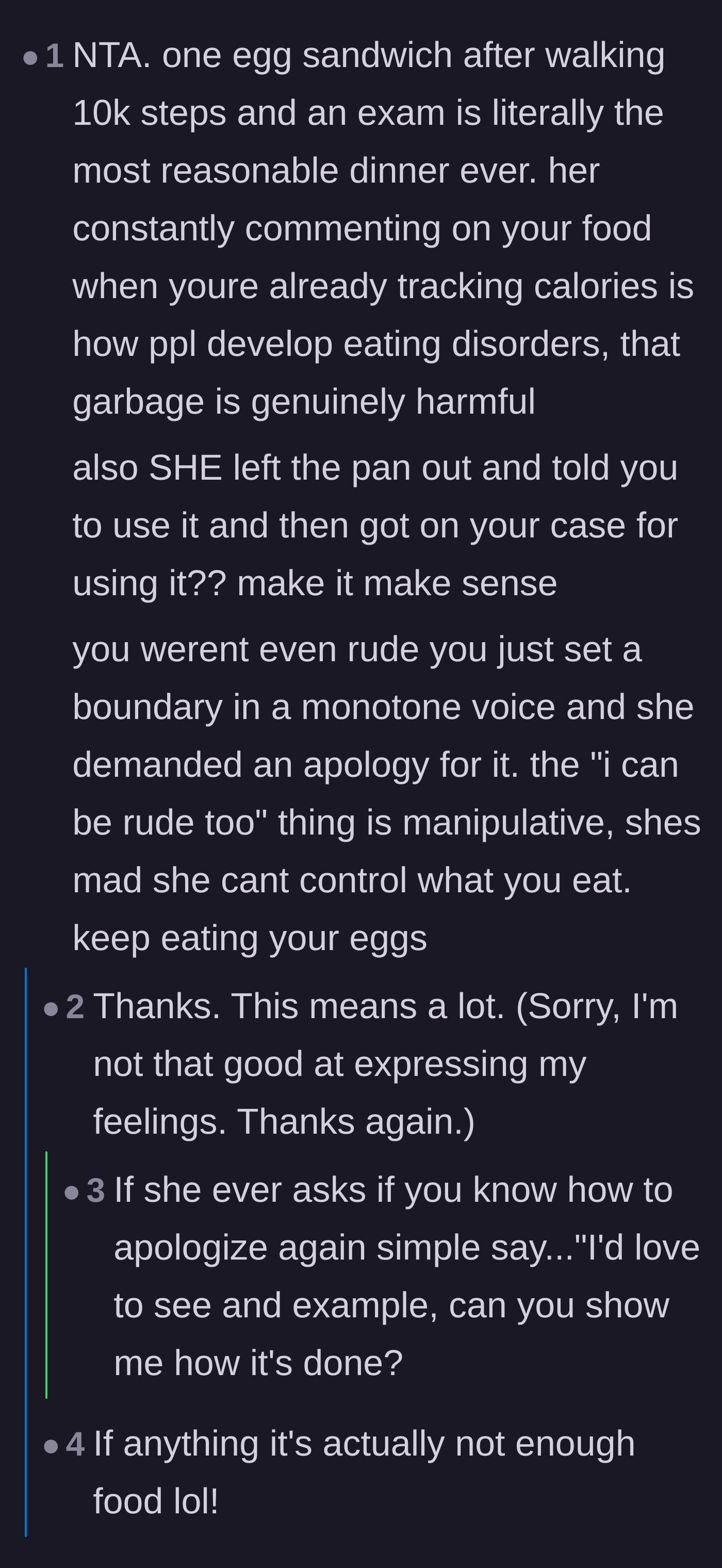 Comment thread 3 - Support for the teen's healthy habits and calling out the older relative's manipulative behavior and hypocrisy