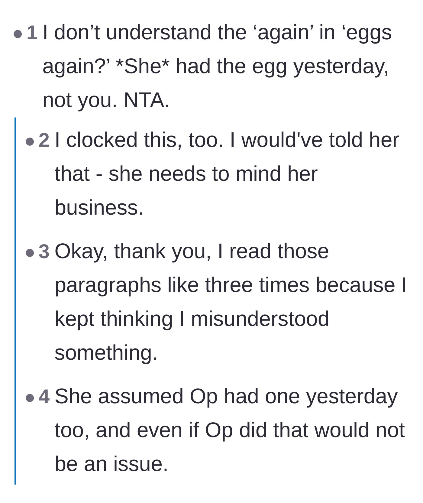 Comment thread 5 - Commenters pointing out the absurdity of the relative complaining about the teen eating eggs 'again' when the relative was the one who ate them the night before