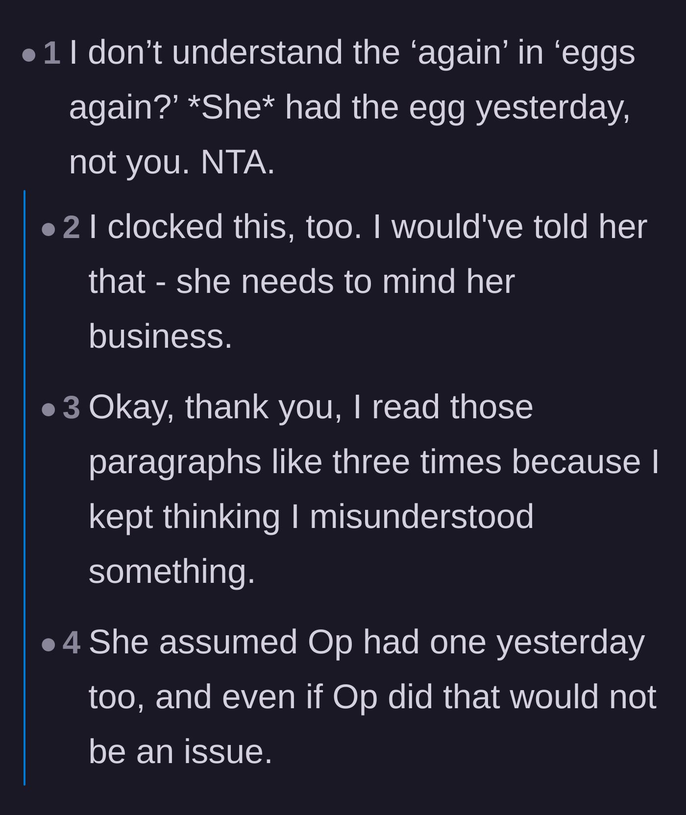 Comment thread 5 - Commenters pointing out the absurdity of the relative complaining about the teen eating eggs 'again' when the relative was the one who ate them the night before