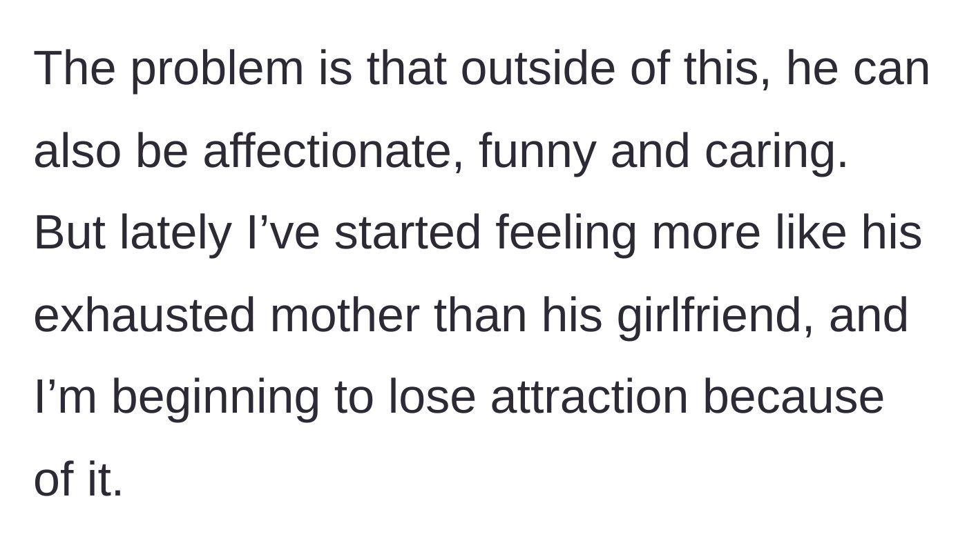 Story part 7 - She admits he can be sweet, but she feels more like his exhausted mother than a partner.