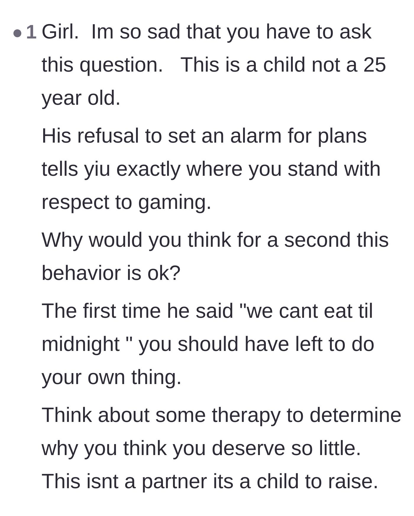 Comment thread 2 - Advice urging the girlfriend to recognize her worth and stop mothering her partner.
