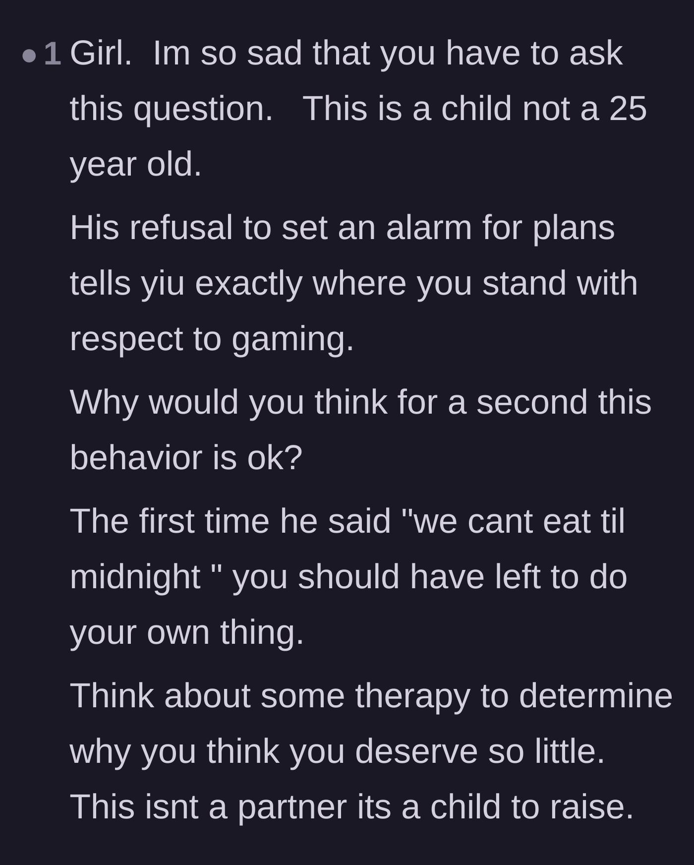 Comment thread 2 - Advice urging the girlfriend to recognize her worth and stop mothering her partner.