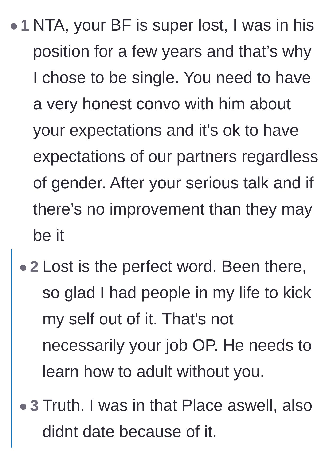 Comment thread 4 - A formerly lost young man explaining why the boyfriend needs to figure out adulthood on his own.