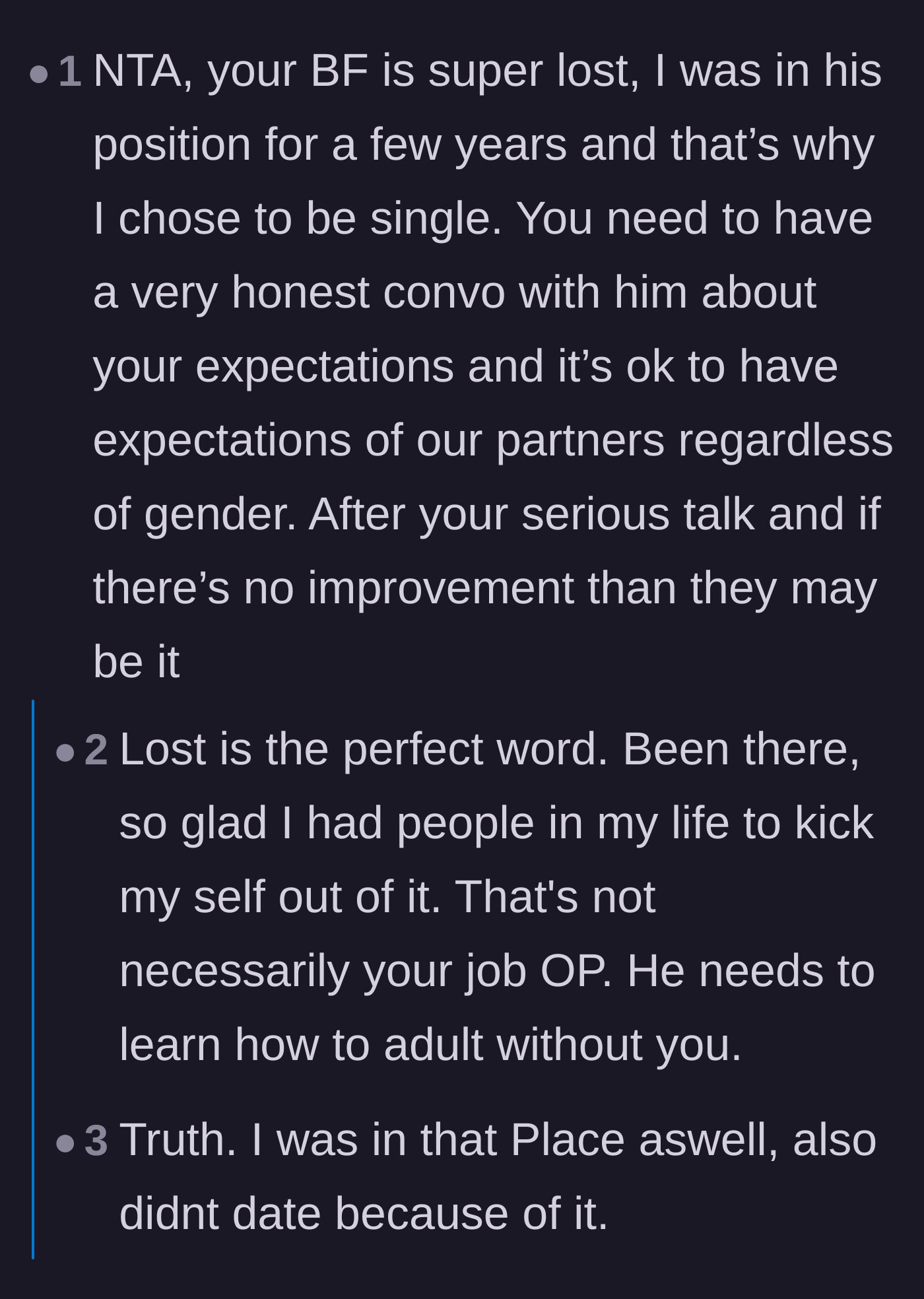 Comment thread 4 - A formerly lost young man explaining why the boyfriend needs to figure out adulthood on his own.