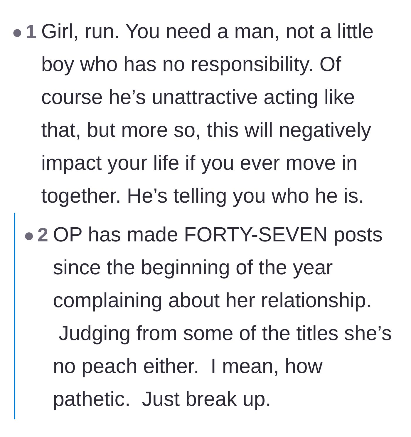 Comment thread 6 - Warnings about the future, with a tragic revelation about her extensive history of relationship posts.