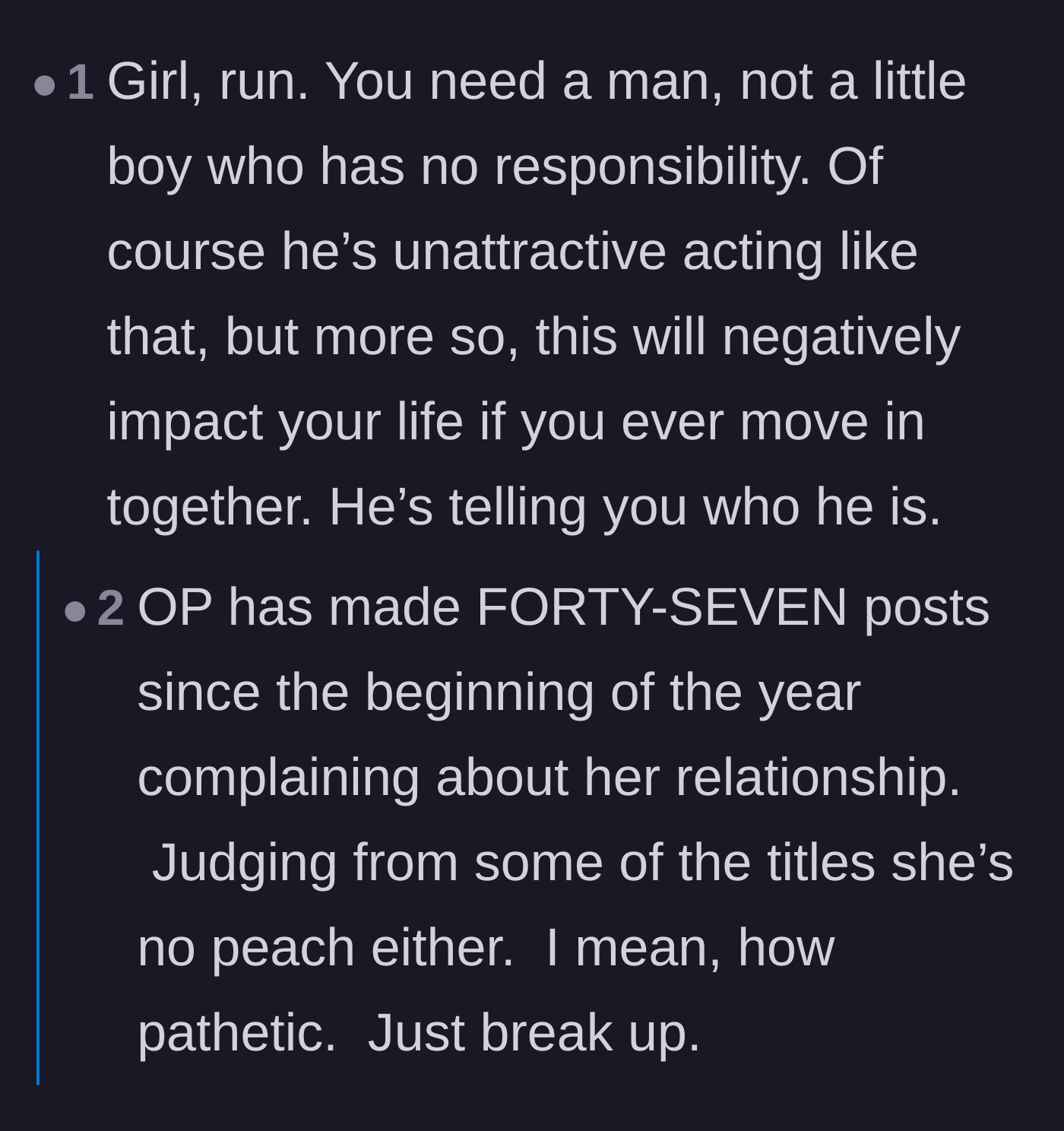 Comment thread 6 - Warnings about the future, with a tragic revelation about her extensive history of relationship posts.