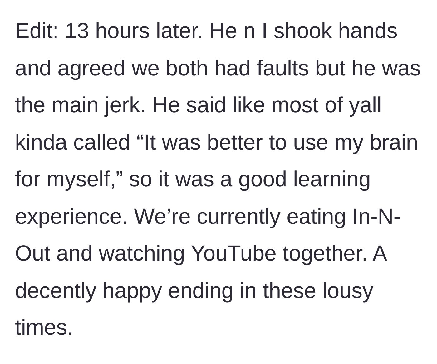 Story part 6 - A wholesome update where the brothers share fast food, admit faults, and peacefully make up.