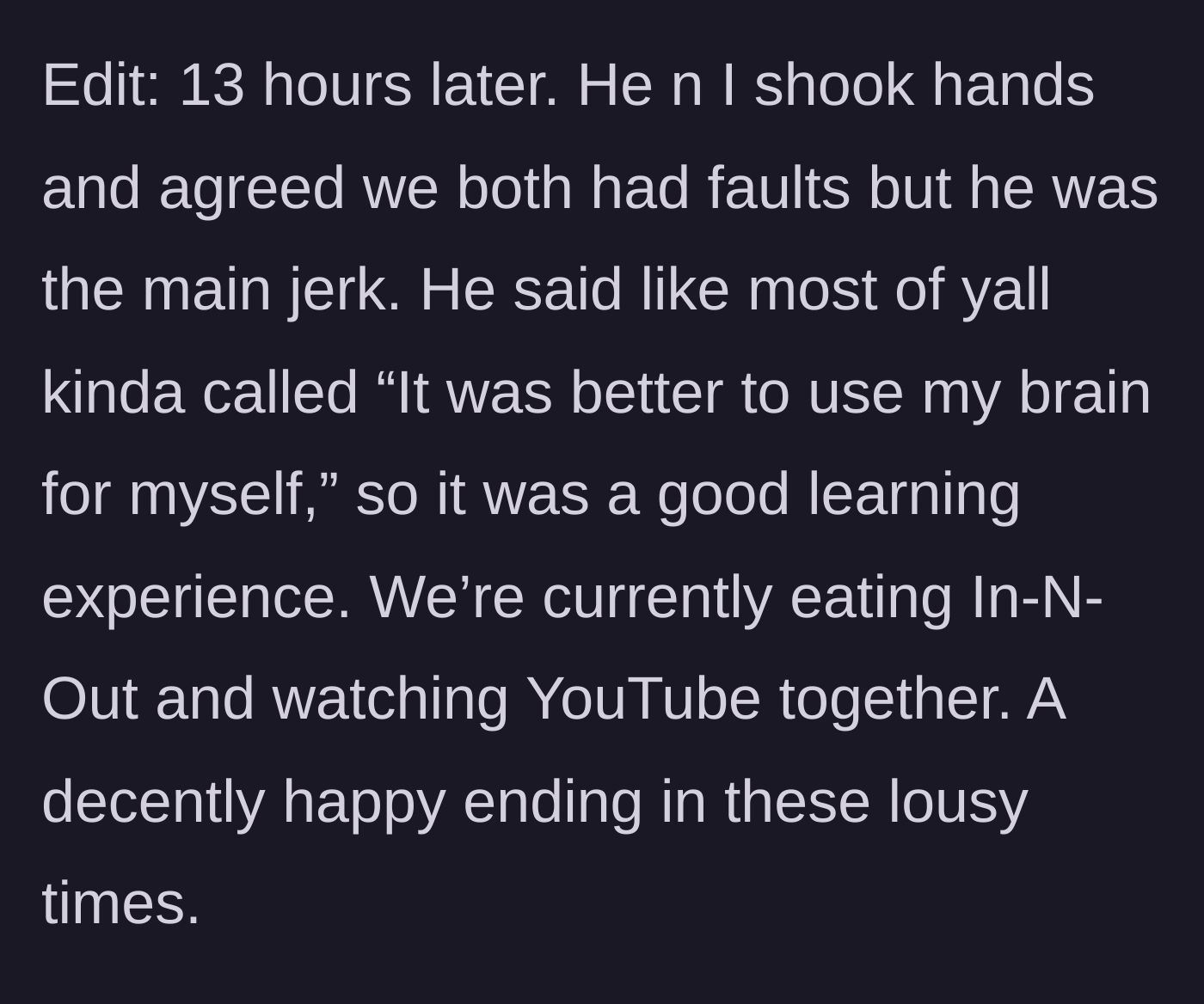 Story part 6 - A wholesome update where the brothers share fast food, admit faults, and peacefully make up.