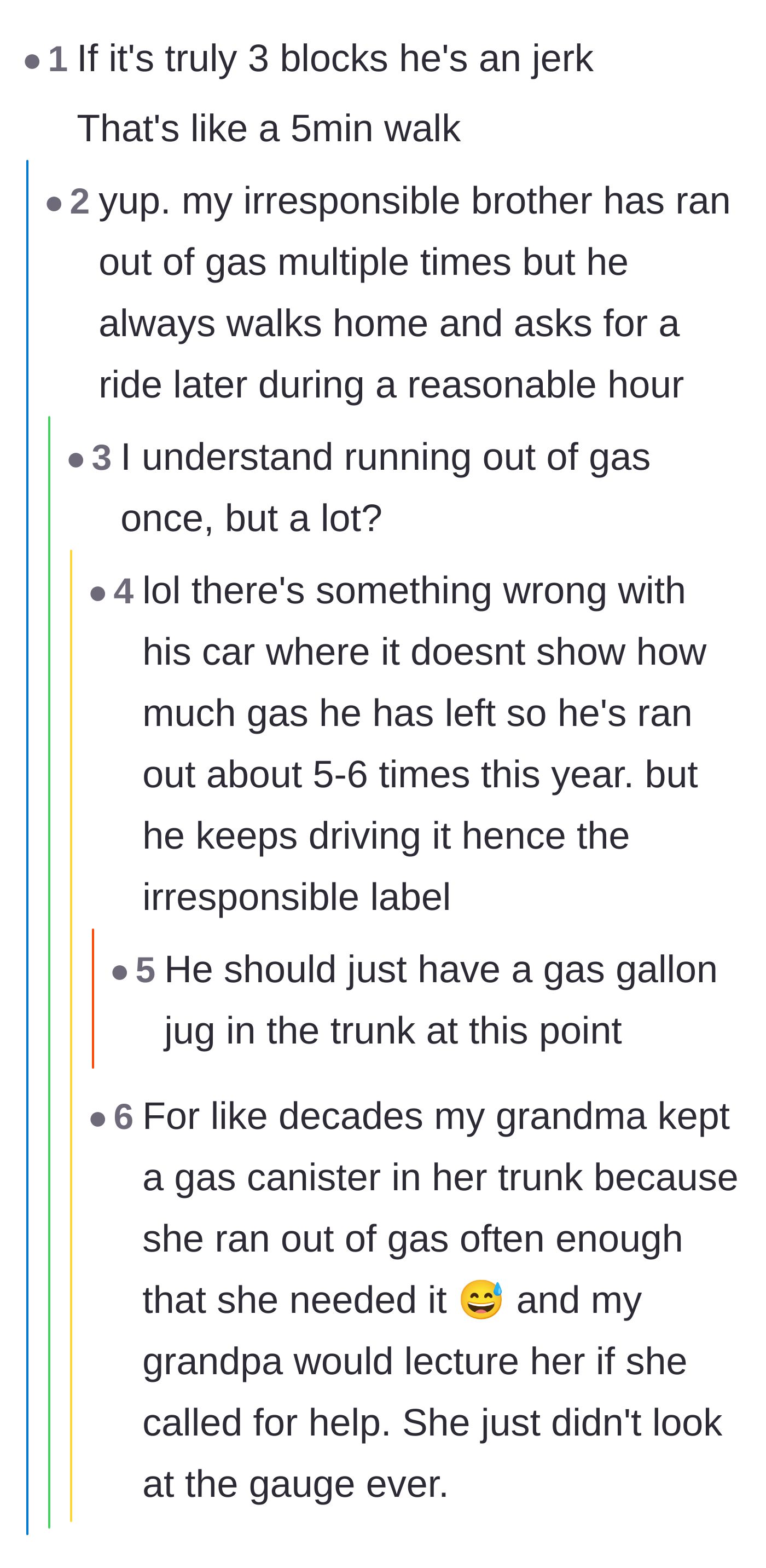Comment thread 1 - Readers swapping stories about chronically irresponsible family members and broken gas gauges.