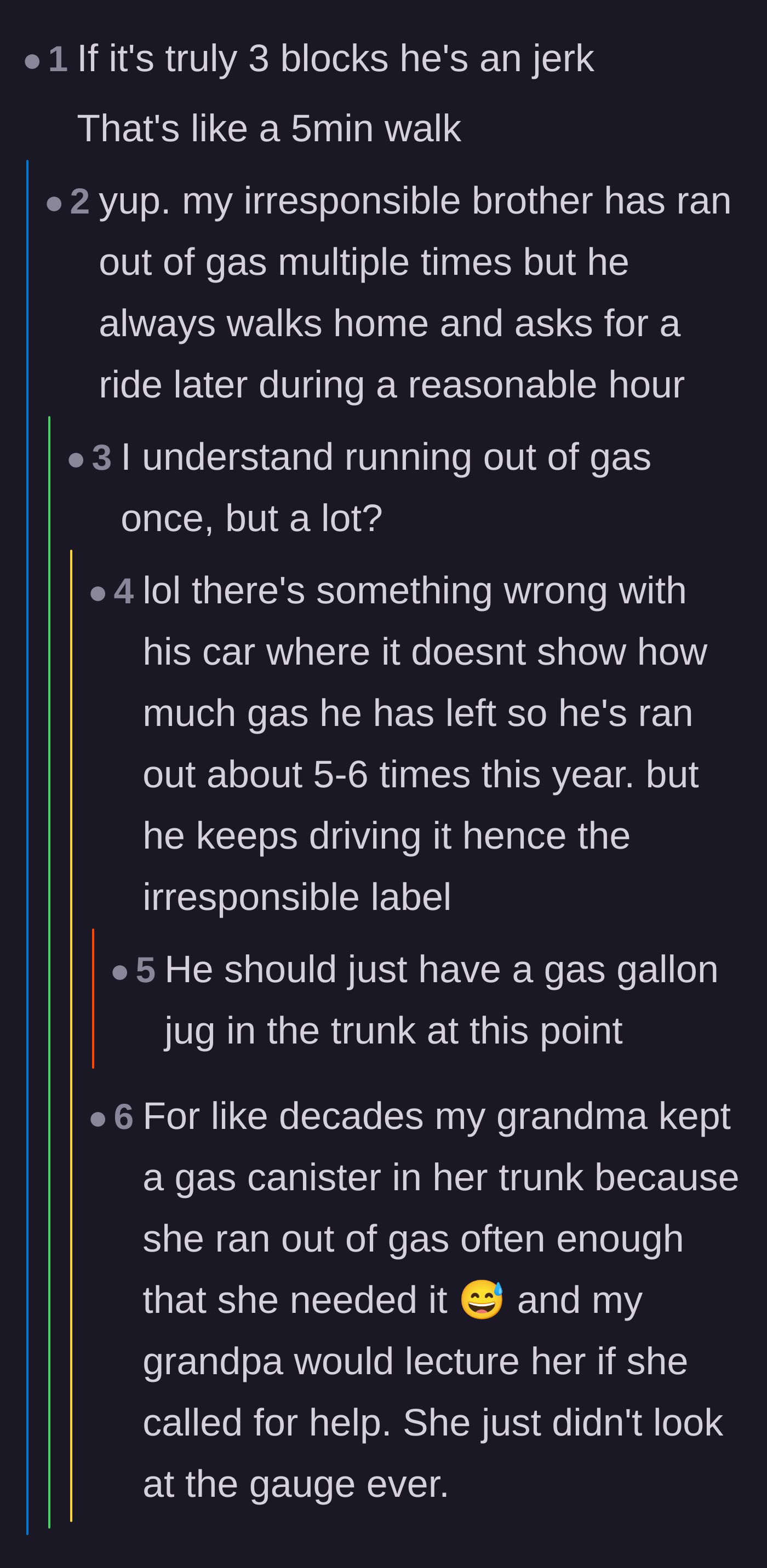 Comment thread 1 - Readers swapping stories about chronically irresponsible family members and broken gas gauges.
