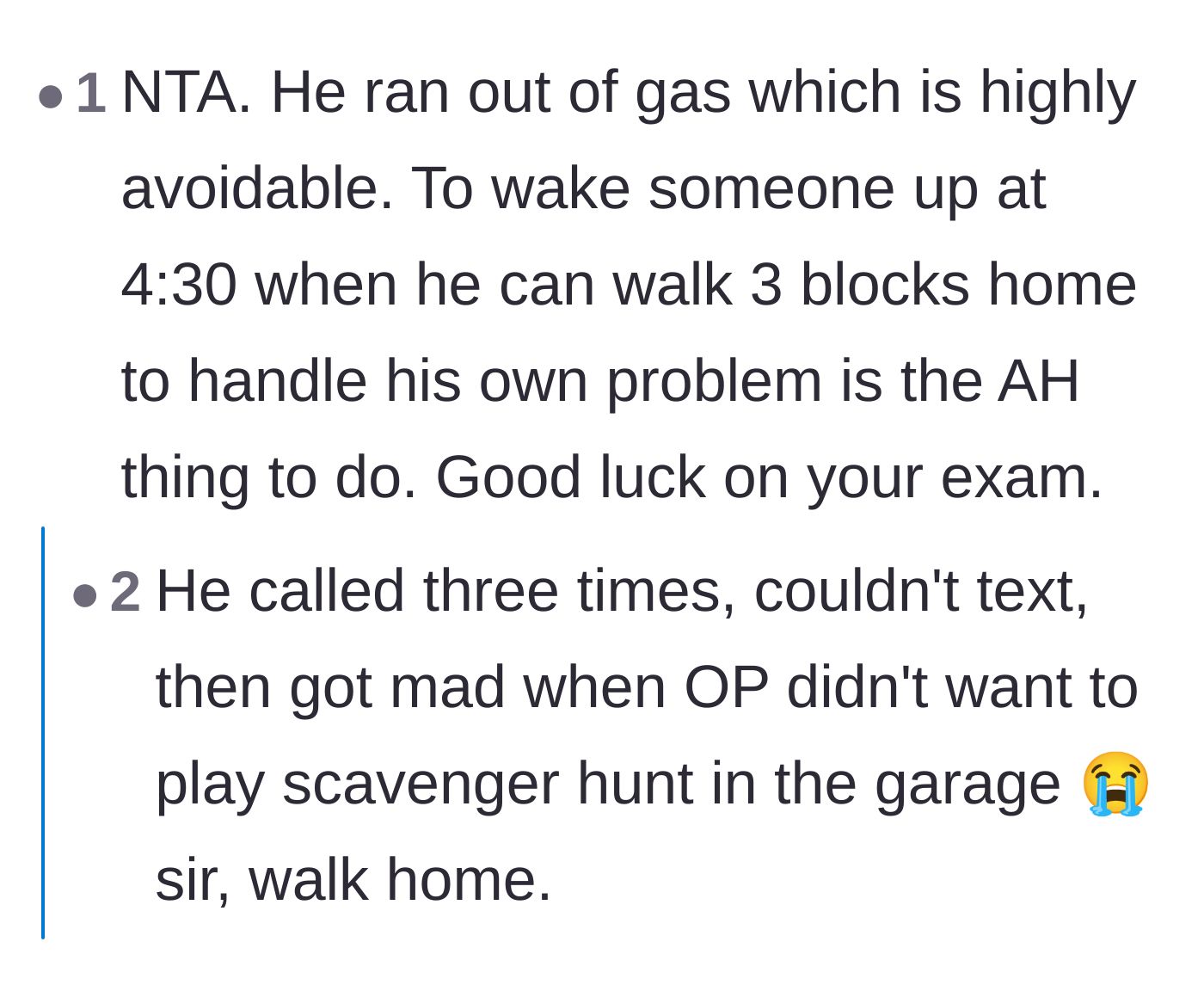 Comment thread 2 - A reader pointing out the absurdity of waking a student up at 4:30 AM instead of just walking home.