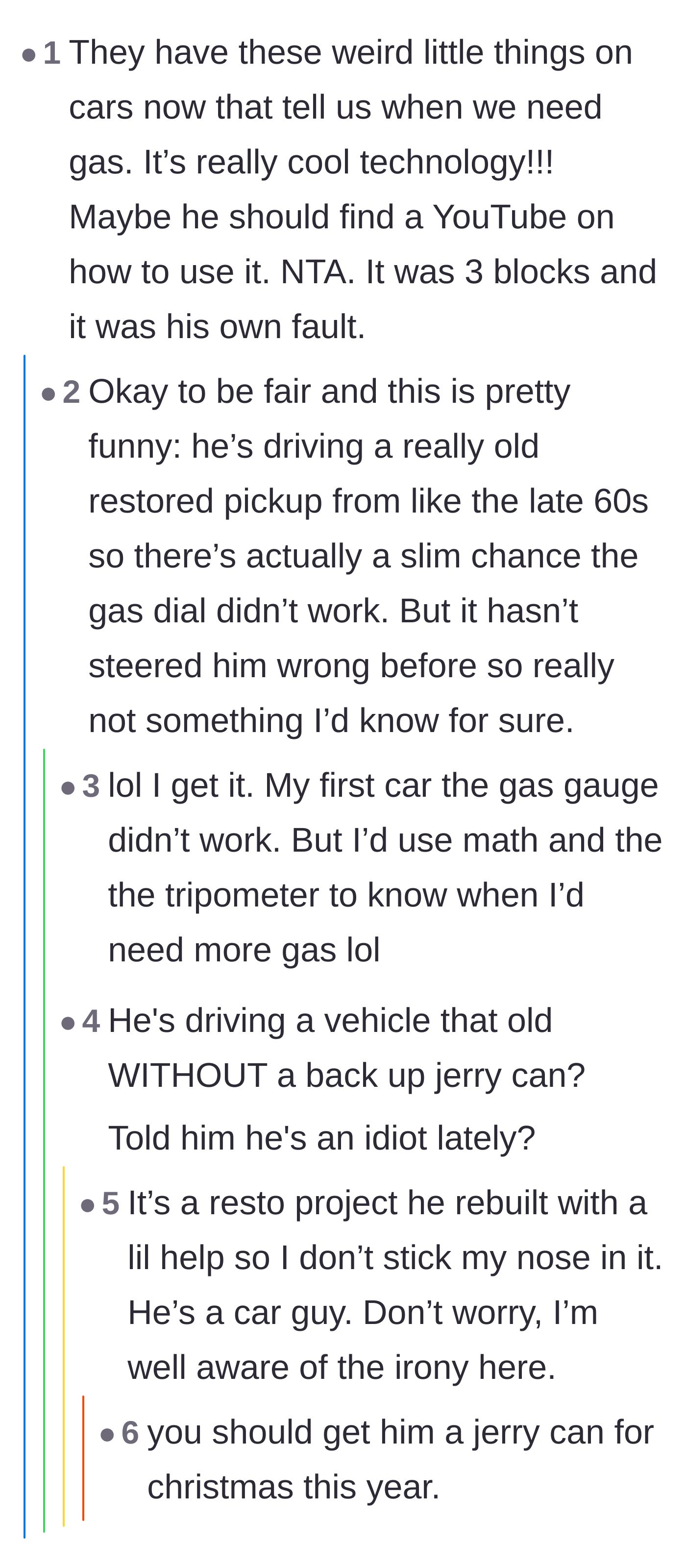Comment thread 4 - Sarcastic remarks about fuel gauges leading to the revelation that the brother was driving a vintage truck without a backup plan.