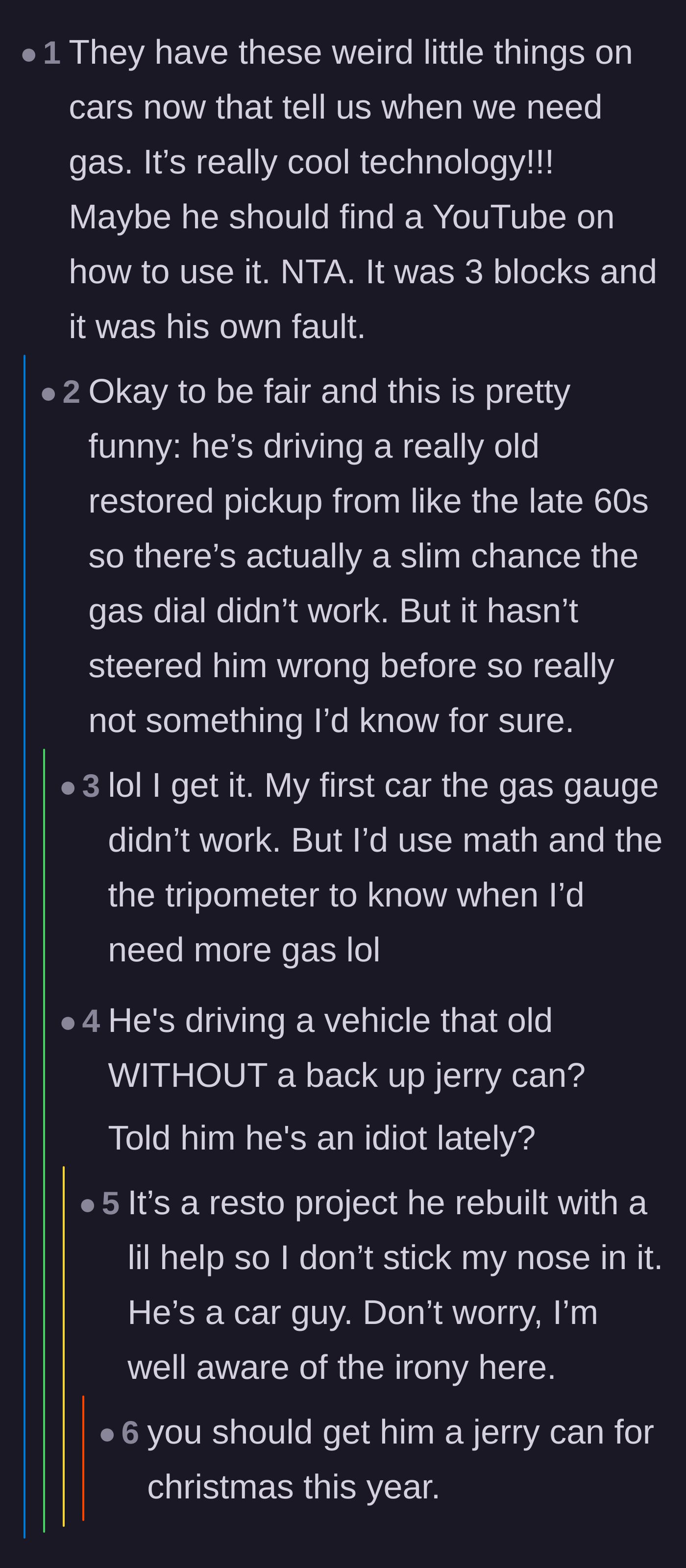 Comment thread 4 - Sarcastic remarks about fuel gauges leading to the revelation that the brother was driving a vintage truck without a backup plan.