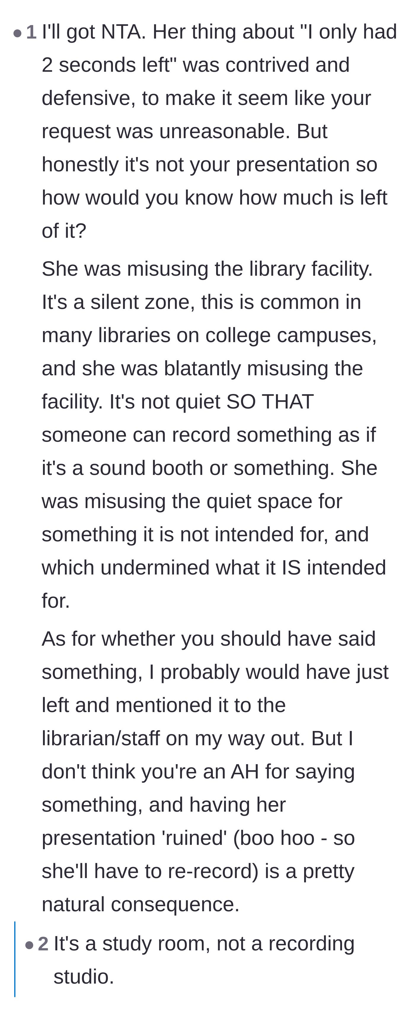 Comment thread pointing out that a library silent zone is not a private recording studio.