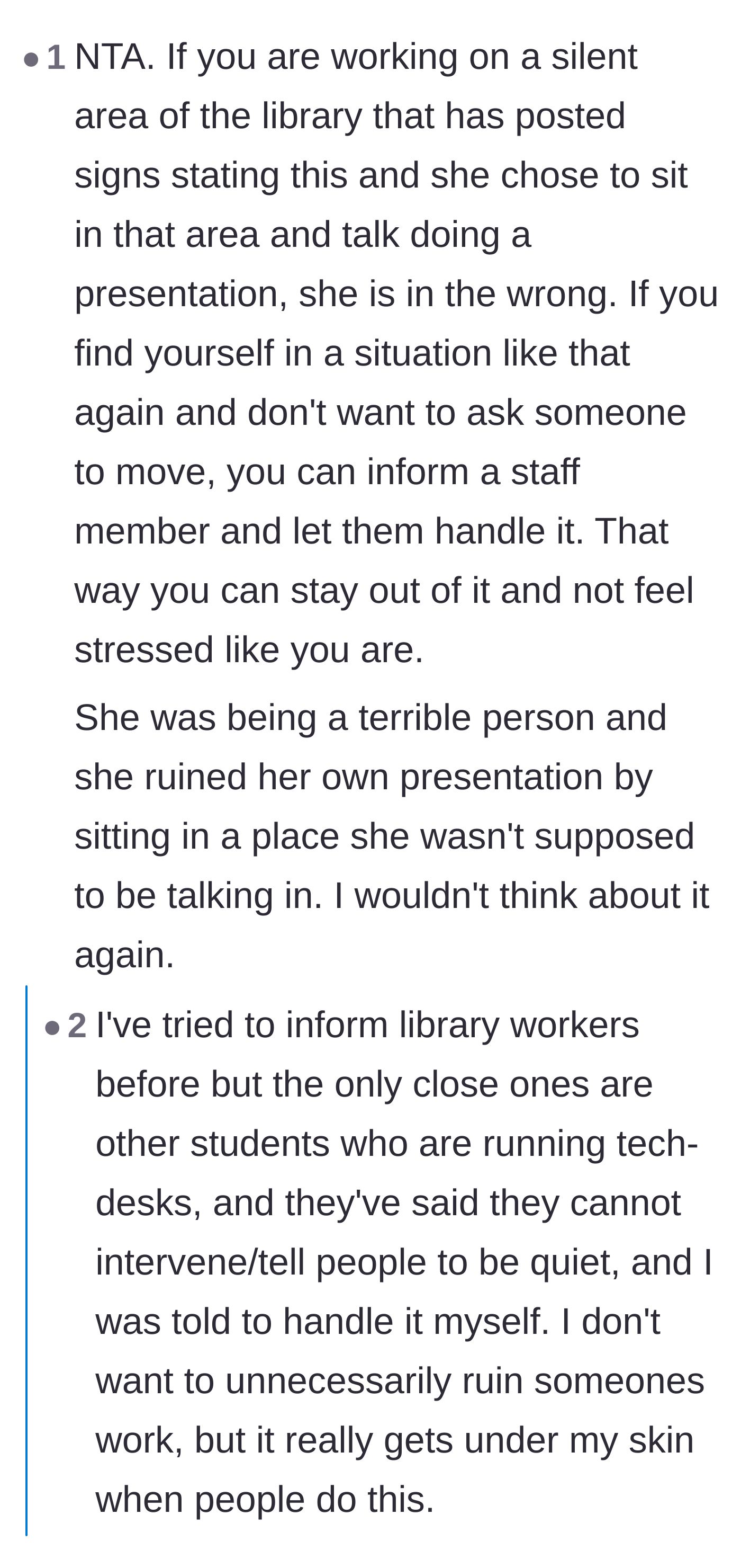 Comment thread discussing how library staff should enforce rules and comparing it to the sacred quiet car on a train.