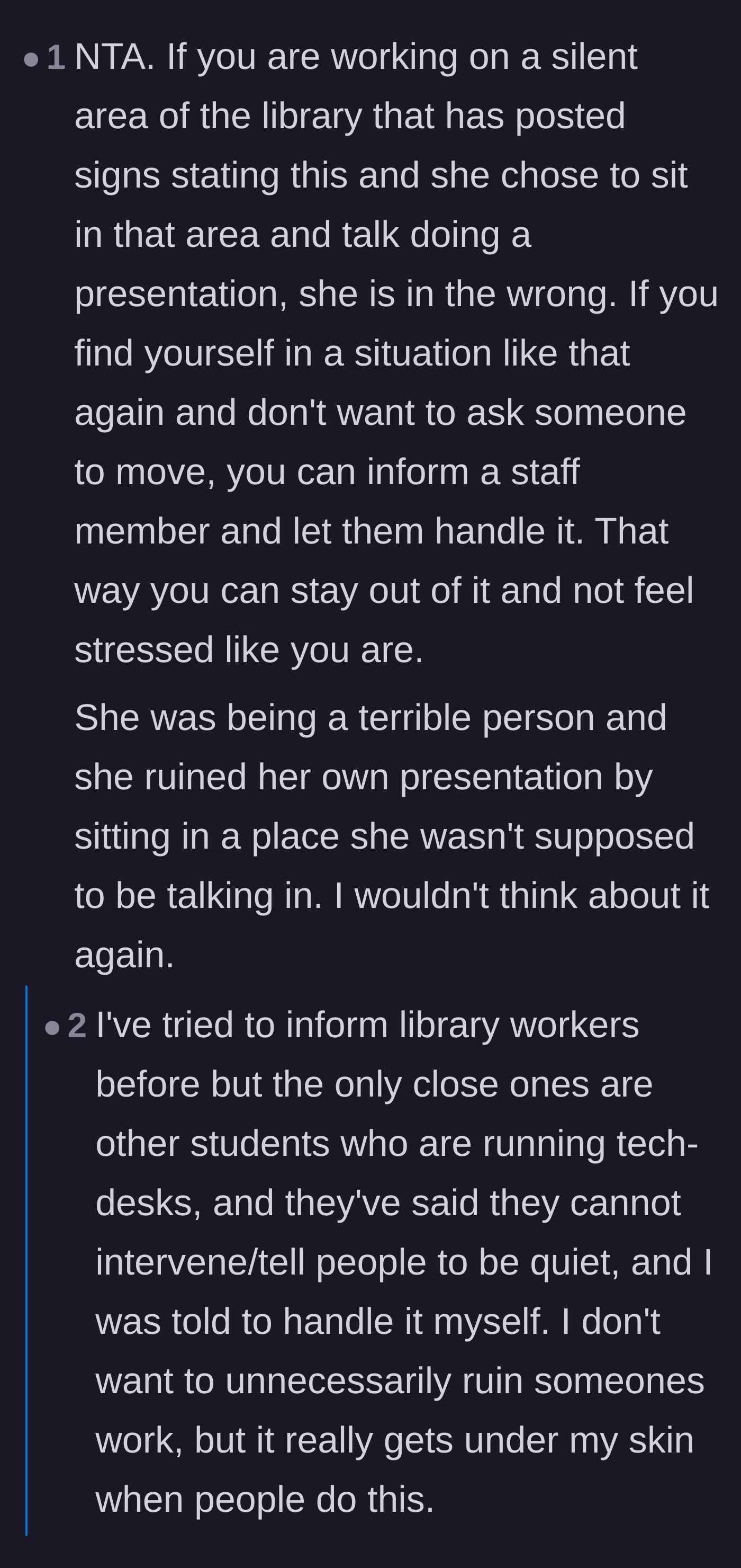 Comment thread discussing how library staff should enforce rules and comparing it to the sacred quiet car on a train.