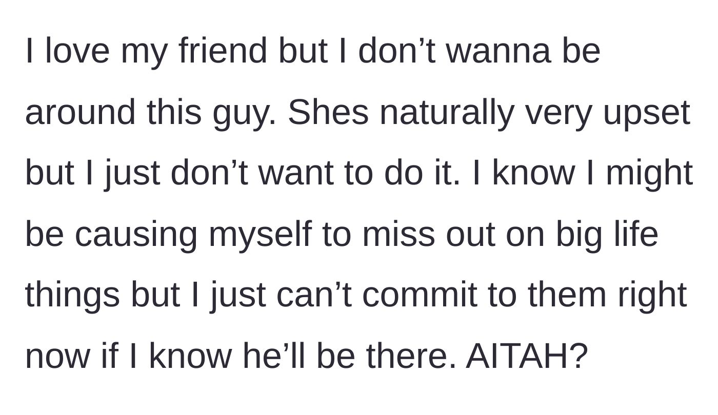 Story part 4 - The woman agonizing over missing her best friend's major life milestones to protect her own mental health.