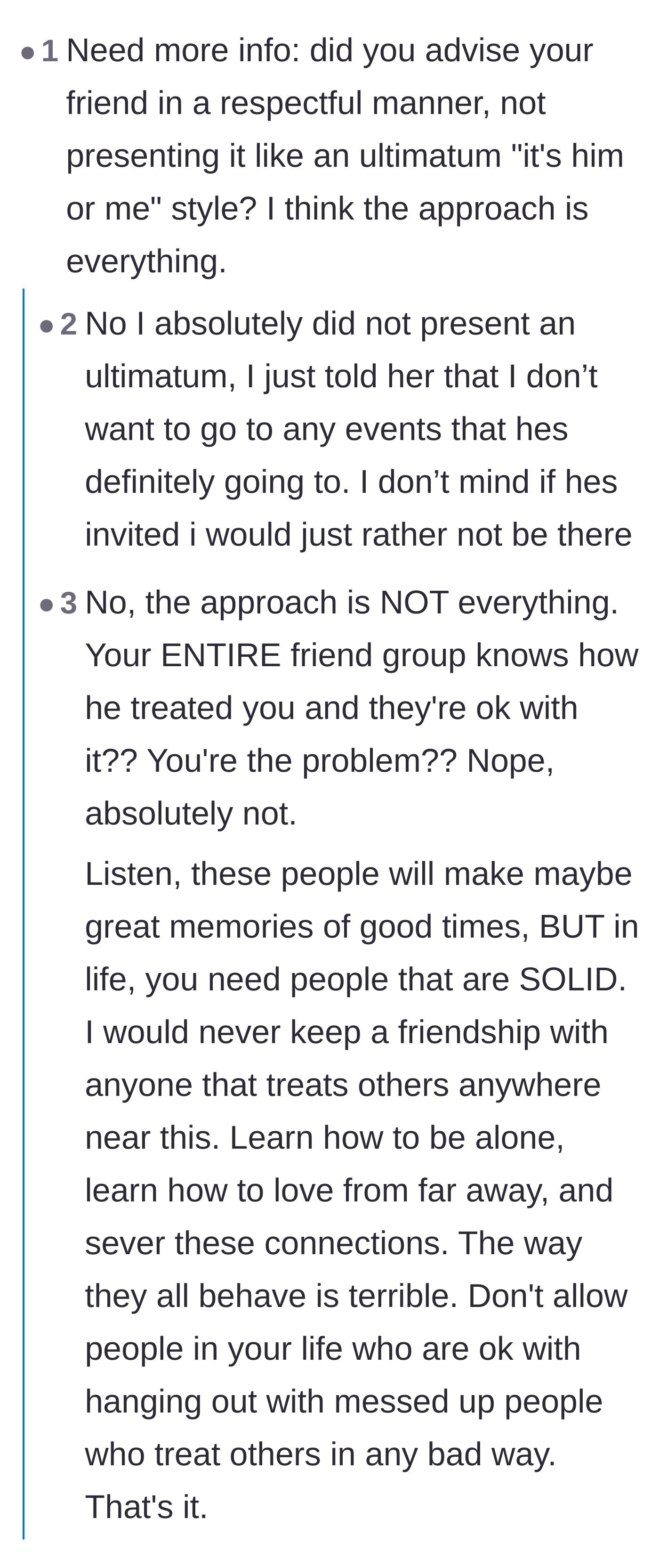 Comment thread 1 - A debate over whether setting a firm boundary is an ultimatum or just necessary self-care.