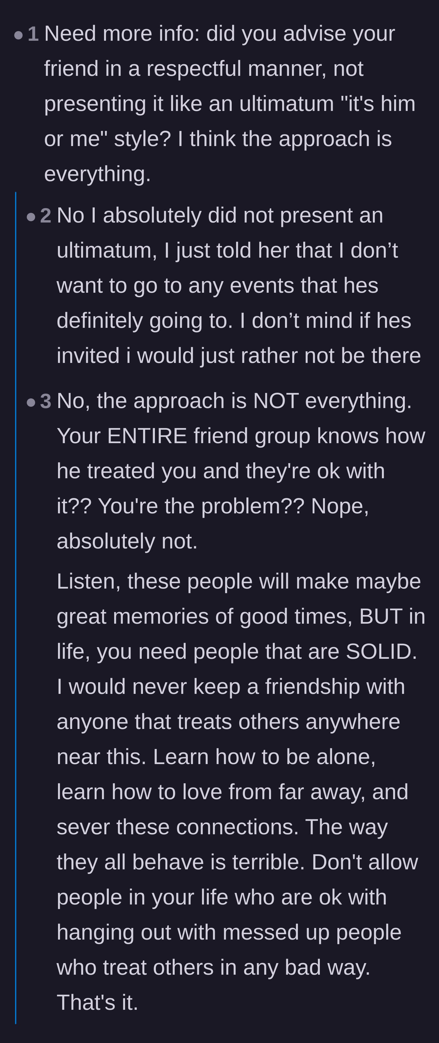 Comment thread 1 - A debate over whether setting a firm boundary is an ultimatum or just necessary self-care.