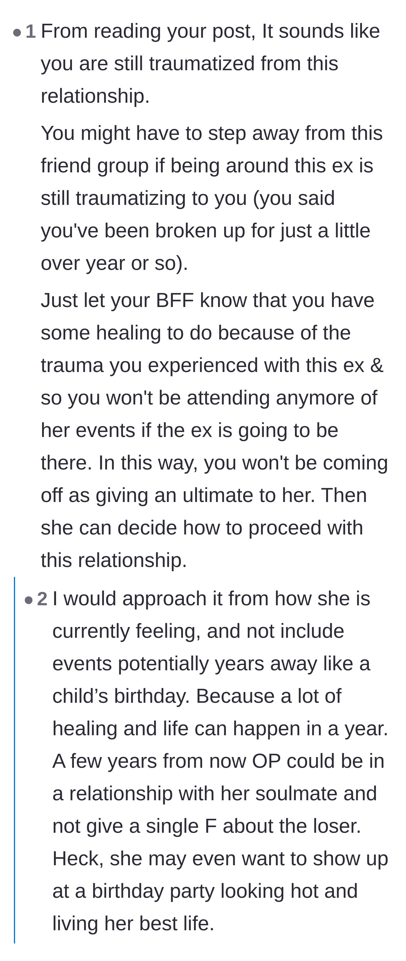 Comment thread 2 - Advice on taking a step back to heal from relationship trauma without worrying about future events yet.
