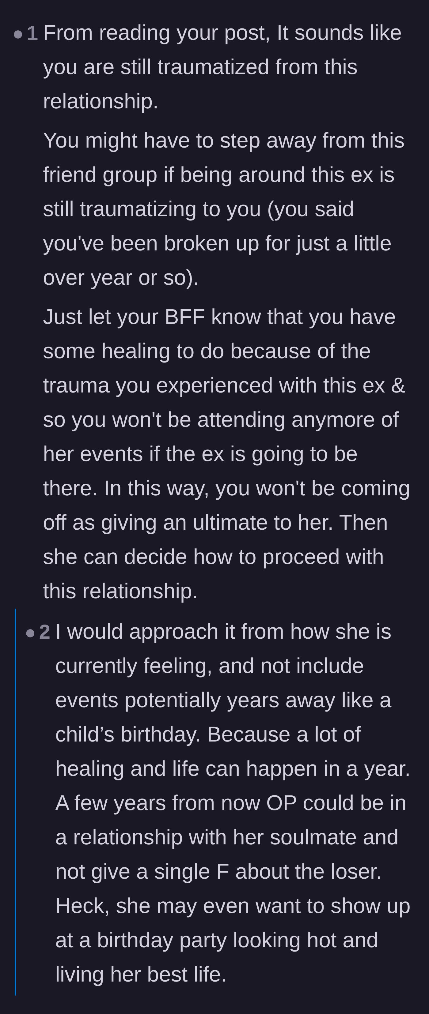 Comment thread 2 - Advice on taking a step back to heal from relationship trauma without worrying about future events yet.
