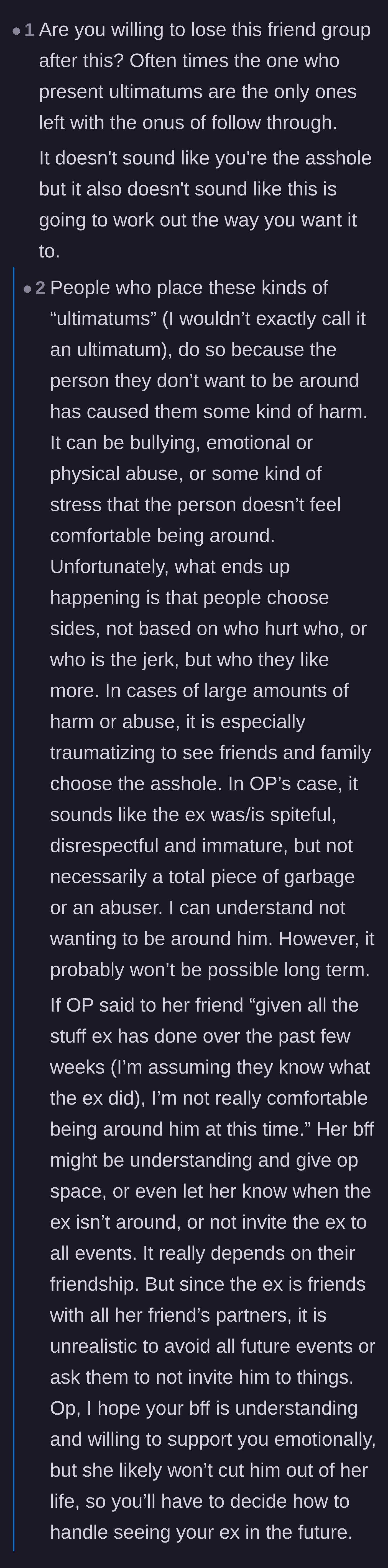 Comment thread 3 - A deeply messy argument over the dictionary definition of an ultimatum versus a mental health boundary.