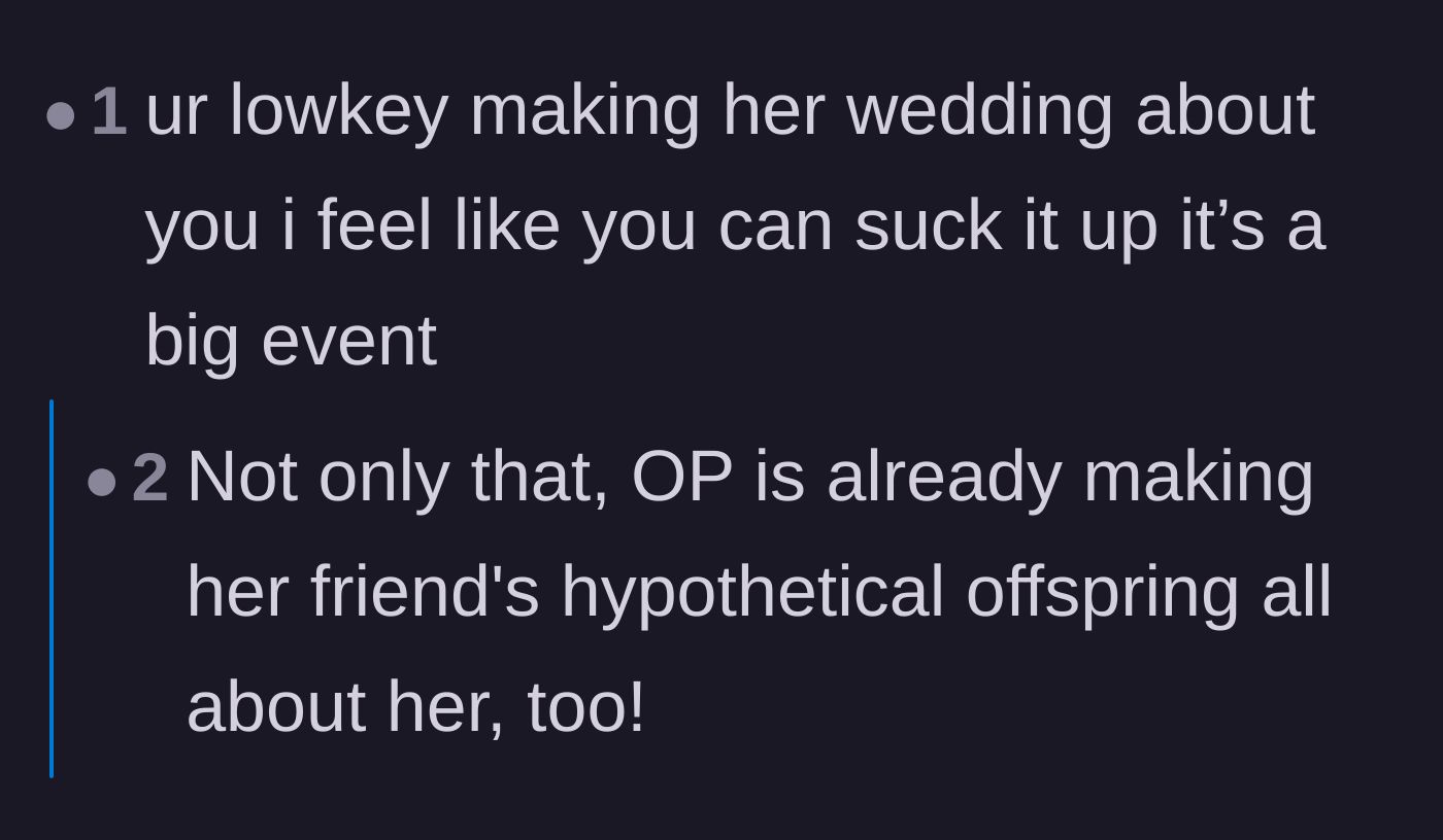 Comment thread 4 - A harsh reality check accusing the poster of having main character syndrome and making the wedding about her.