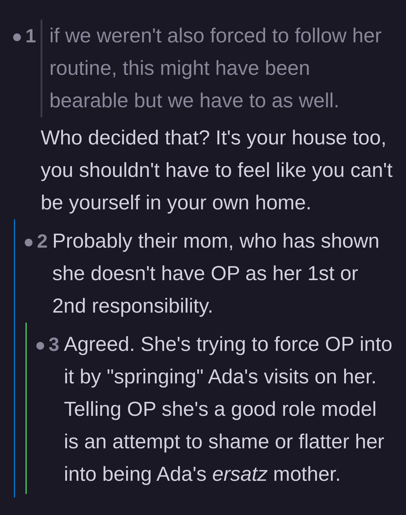 Comment thread 5 - Pointing out the mom's manipulative use of flattery to force her daughter into compliance.