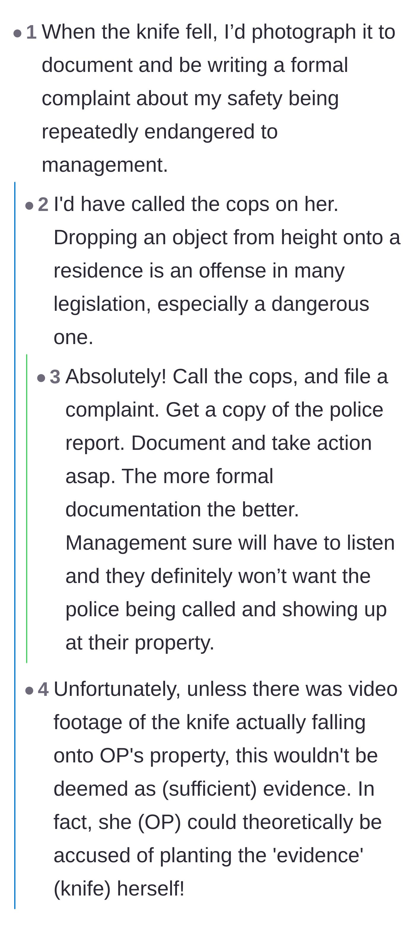 Comment thread 2 - A debate on whether dropping a knife warrants police involvement or just formal documentation.