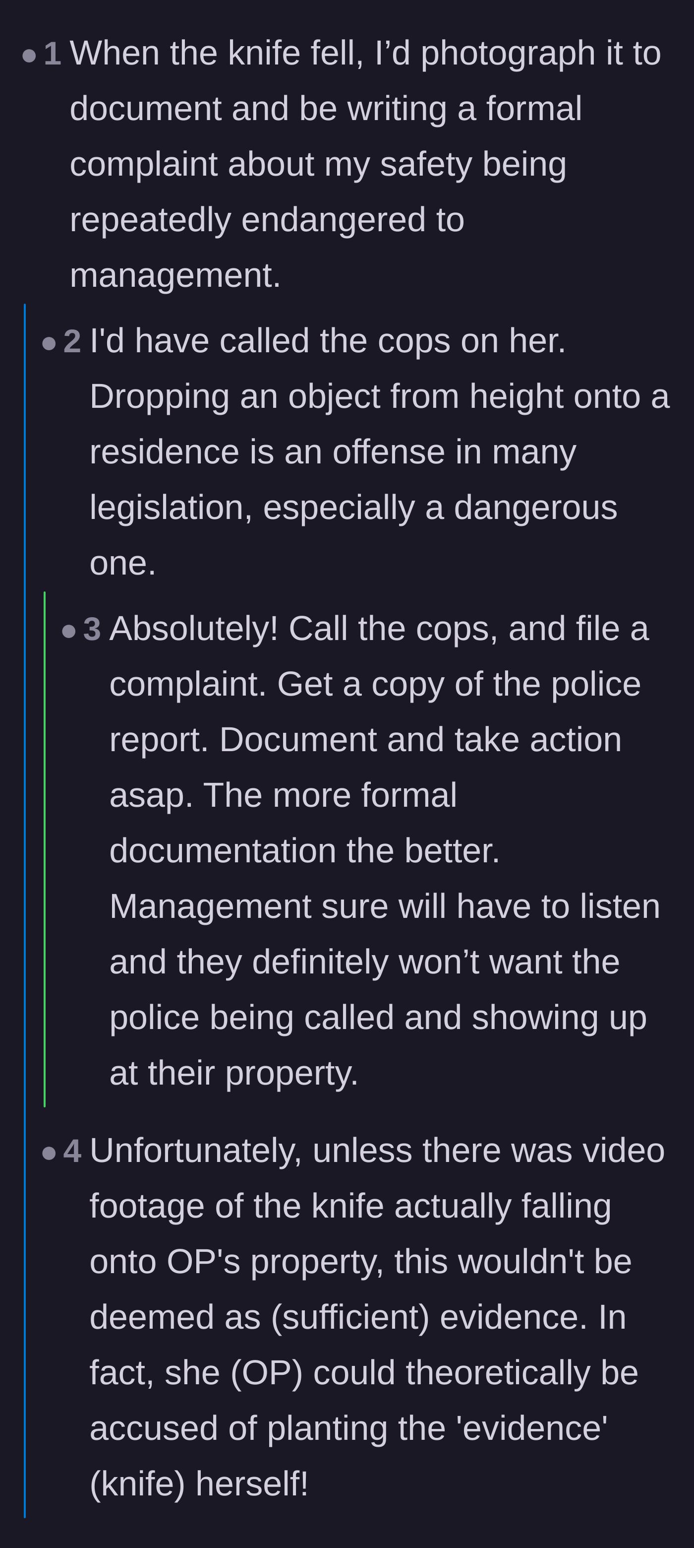 Comment thread 2 - A debate on whether dropping a knife warrants police involvement or just formal documentation.