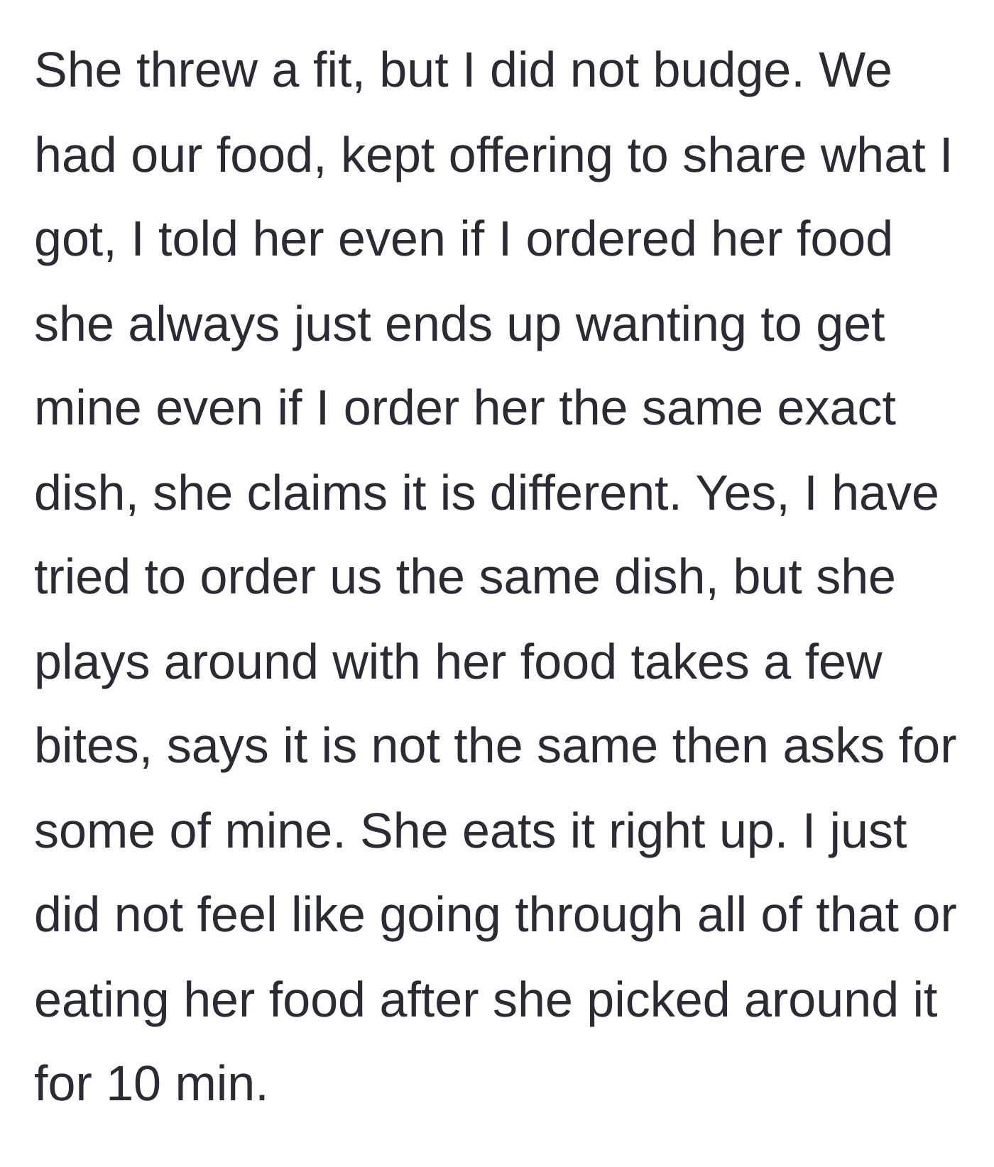 Story part 2 - Niece throws a tantrum because she can't play with her own plate before eating her uncle's food.